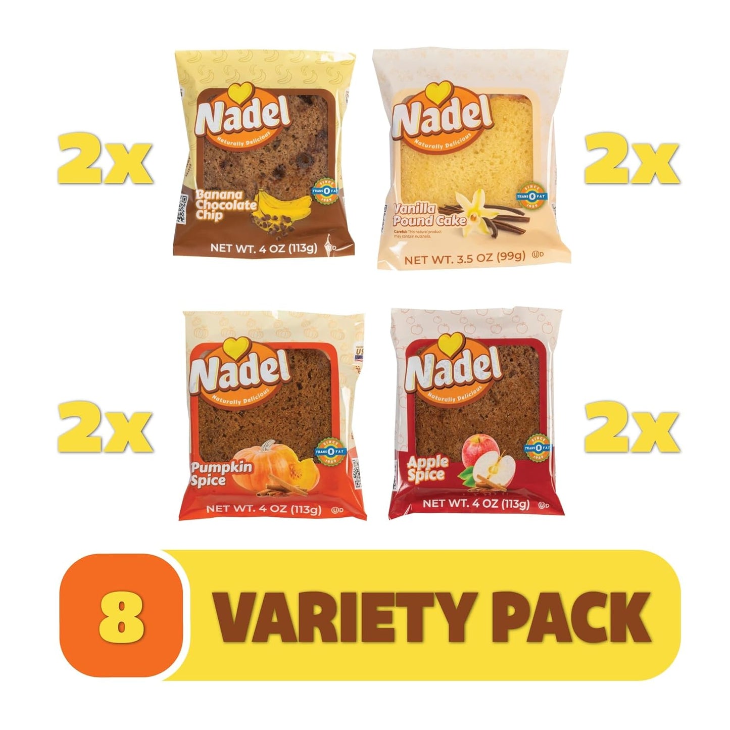 Nadel - Naturally Delicious Sweet Breads Variety Pack (Banana Chocolate Chip, Vanilla Pound Cake, Apple Spice, Pumpkin Spice). (8 Pack, 2 Breads Per Flavor)