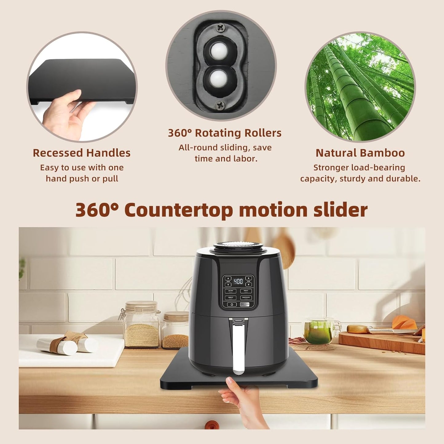 360° Rolling Tray Bamboo Appliance Slider for Kitchen Appliances, Coffee Maker Mat Tray for Countertops Sliding Tray for Coffee Maker Appliances Mat Easily from Under The Cabinet Black 11.6×13.9