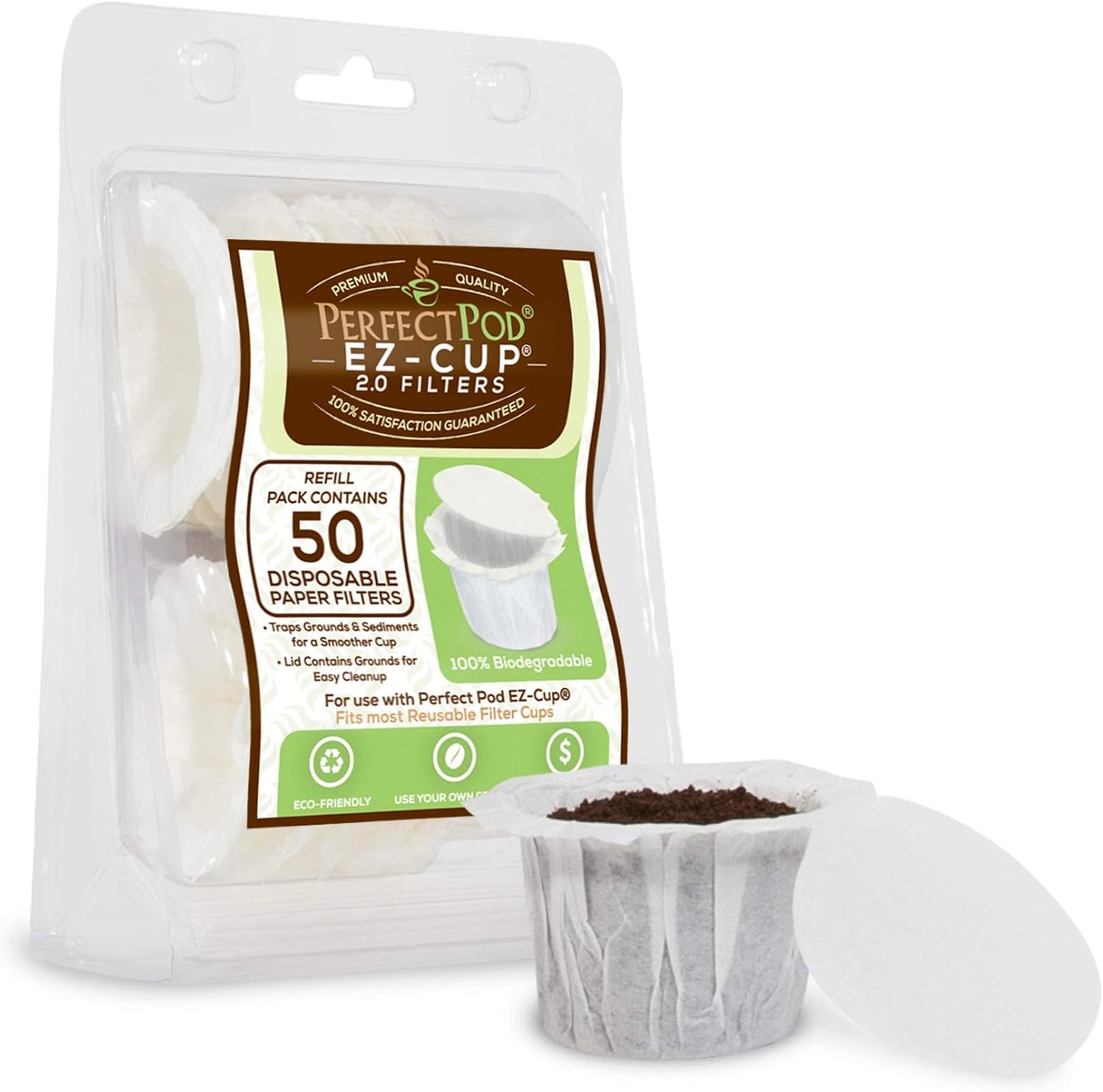 Perfect Pod EZ-Cup Disposable Paper Filters with Patented Lid Design for Reusable Coffee Pods (2)