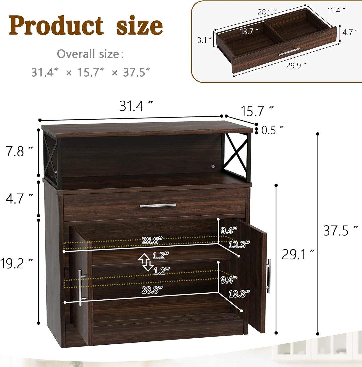 Vongrasig 32" Modern Sideboard Buffet Cabinet With Storage, Adjustable Shelf, Wood Farmhouse Coffee Bar Table for Kitchen, Dining Room, Rustic Brown