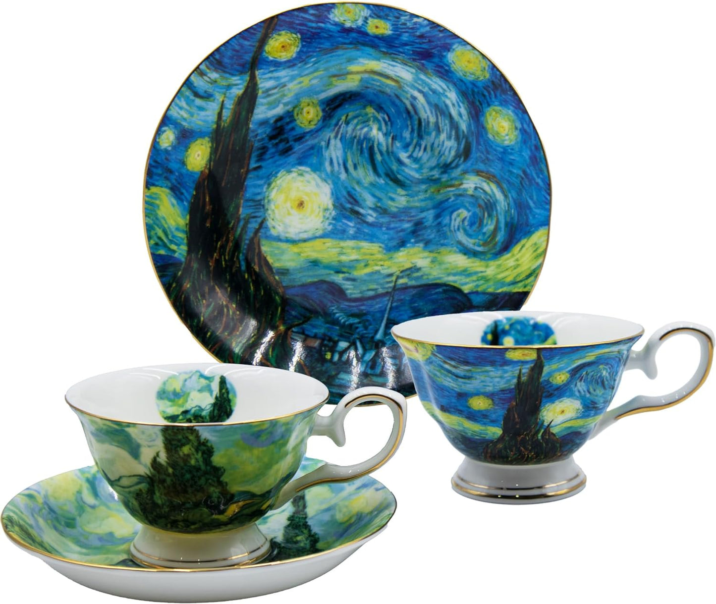 Floral Tea Cups Saucers Set of 2, Bone China 7 oz British Teacups Porcelain Coffee Cup for Rose Tea Cappuccino Espresso Latte (Starry Sky & Wheat Field)