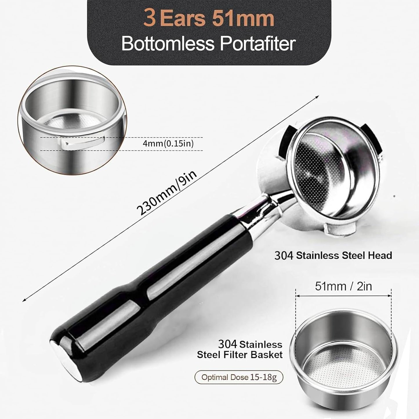 51mm Bottomless Portafilter Compatible for CASABREWS Espresso Machine CM5418, 3700 Series, Mr. Coffee Espresso and Cappuccino Machine, with Stainless Steel Double Shot Capacity Cup Filter Basket