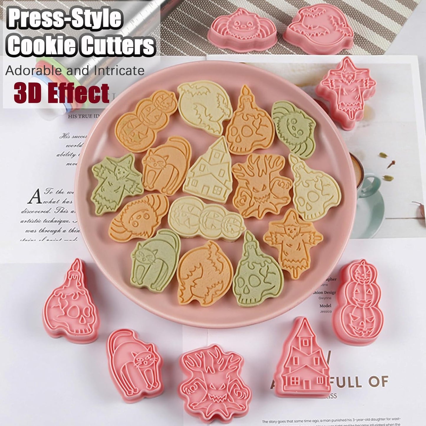 8 Pcs Halloween Cookie Cutters Set Baking Molds 3D Halloween Press type Cookie Cutter for Baking, Fondant, Cheese, and Pastries