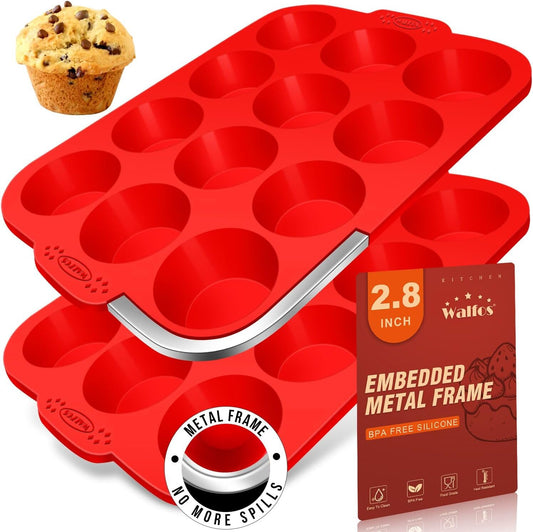 Walfos Silicone Muffin Pan with Metal Frame, 2.8 Inch Regular Size Silicone Cupcake Pan Muffin Tin, Non-Stick 12 Cups Egg Bites Molds for Baking, BPA Free, Dishwasher Safe, 2 Pack