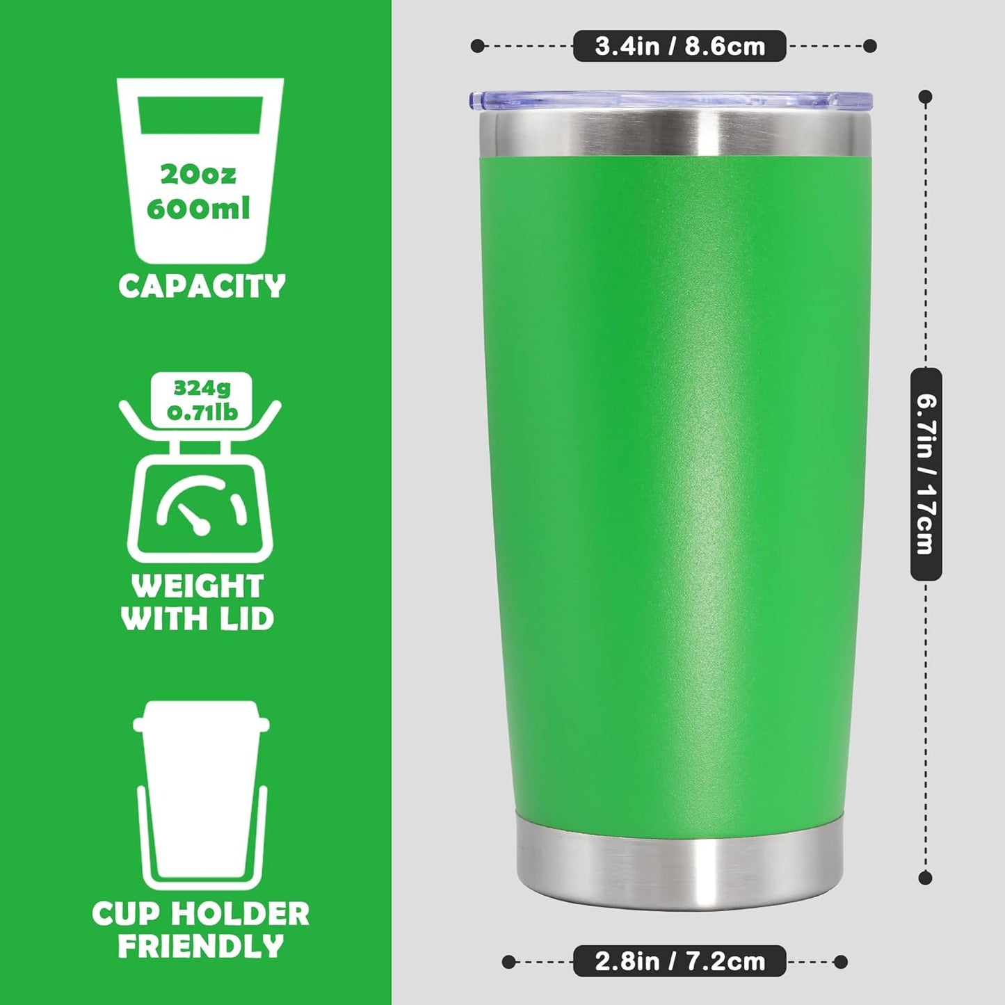 20oz Tumbler Stainless Steel Tumbler Cup with Lid Vacuum Insulated Double Wall Travel Mug, Durable Powder Coated Travel Coffee Tumbler Mug for Hot & Cold Drinks, Green,4 Pack