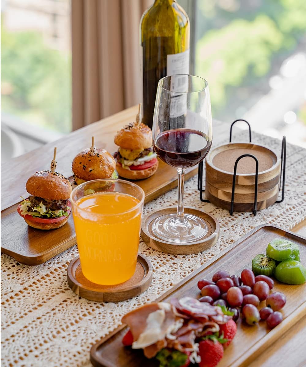 Coasters for Drinks Absorbent with Holder, Acacia Wood Cork Coaster for Coffee Table Wooden Table Coaster for Farmhouse Desk Extra Large Coasters, Set of 6