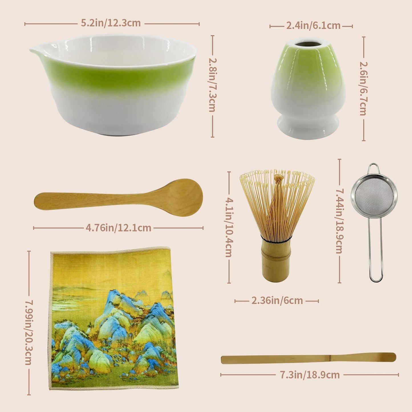 Matcha Whisk Set 7 Pcs Ceremony Kit - Gradient Glaze Ceramic Bowl, Bamboo Chasen & Holder, Sifter Scoop Gift for Matcha Lovers (Christmas/Birthday) (Green)