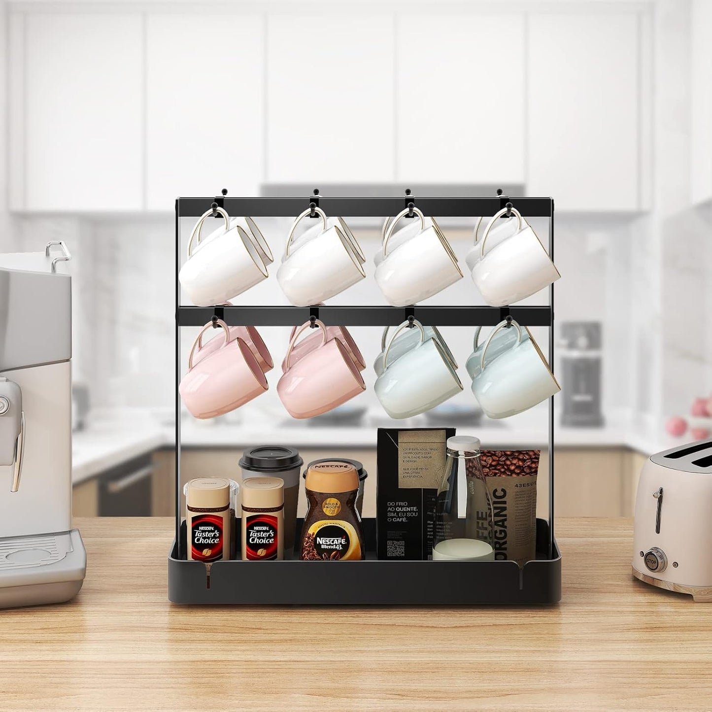 RCHYFEED Countertop Coffee Cup Holder, Aluminum Alloy Mug Holder Organizer with 16 Movable Hooks, 2 Tier Mug Tree Stand Rack with Storage Basket for K Cup Coffee Bar Kitchen