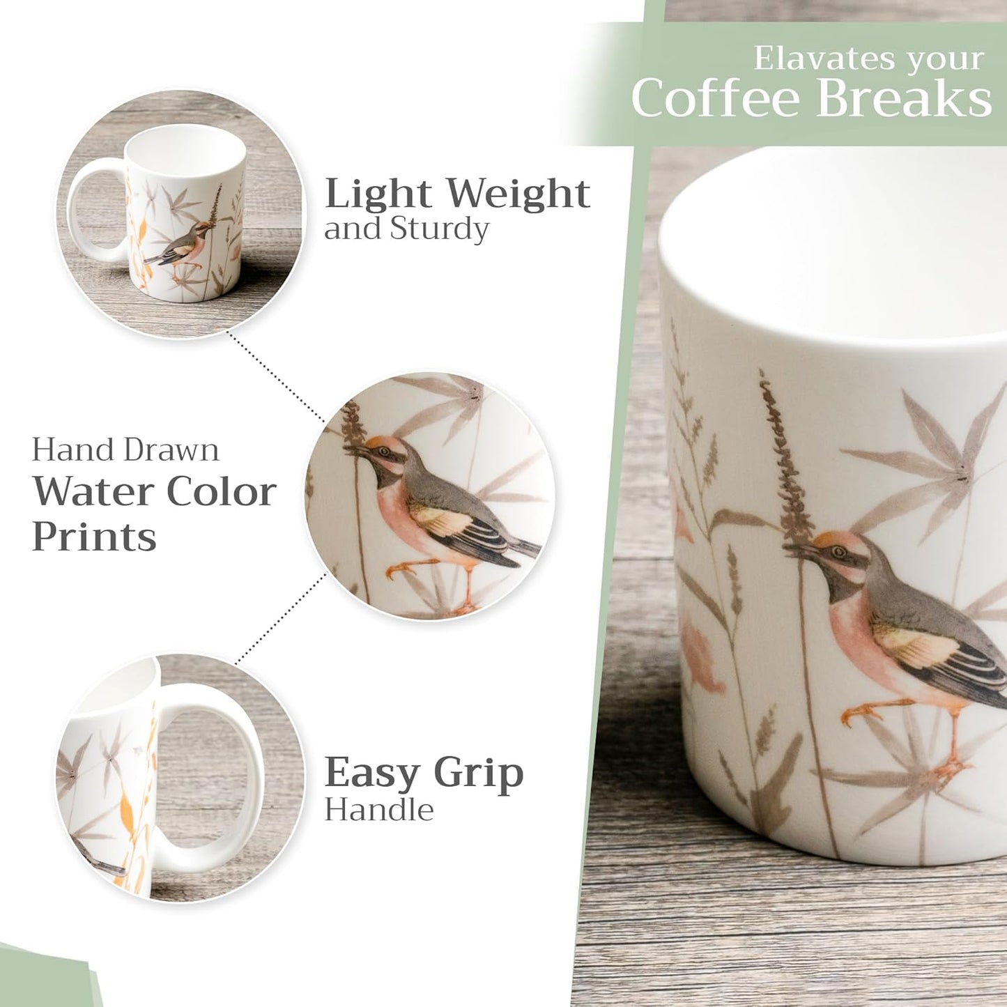 Maison d' Hermine Coffee Mug with Handles Fine Bone China Mugs Pack of Two Tea Cups for Hot Beverages Cappuccino Latte Home Restaurant Office Perfect for Gift (Meadow Florals, 15 Ounce)