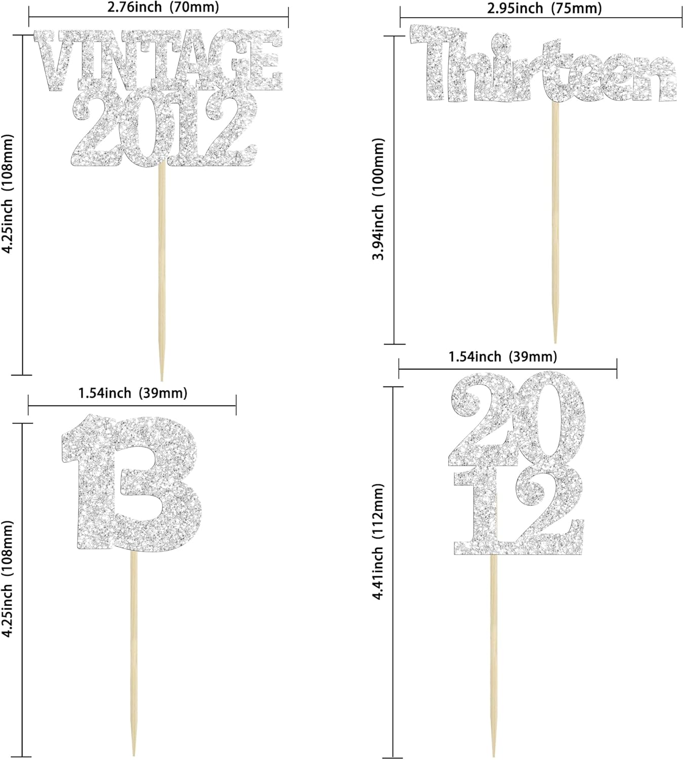 Gyufise 24Pcs 13th Birthday Cupcake Toppers Glitter Thirteen Vintage 2012 Hello 13 Years Birthday Cupcake Picks Official Teenager 13 Cake Decorations for Happy 13th Anniversary Party Silver