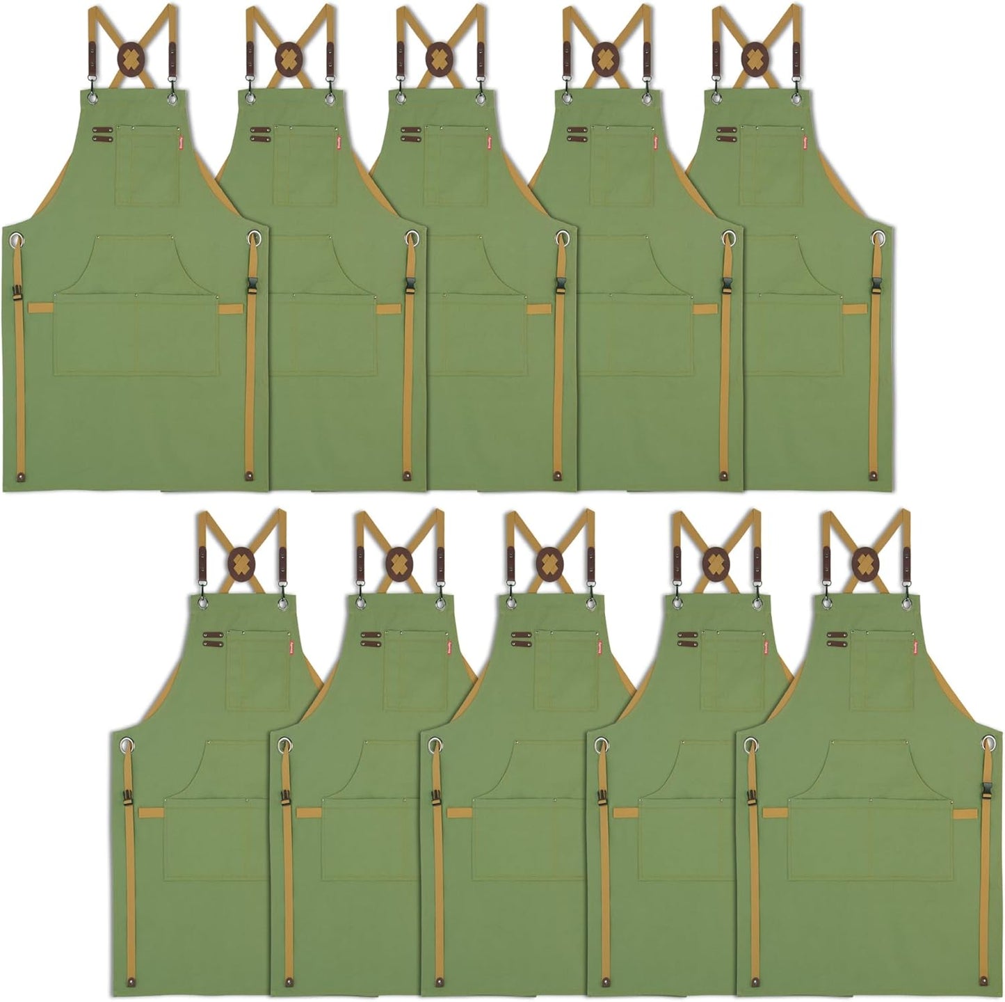 10 Pack Kitchen Aprons, Work Apron, Canvas, Multiple Pockets, Gardening, Painting, BBQ, Artist, Carpenter, Sizes M to XXL, Olive