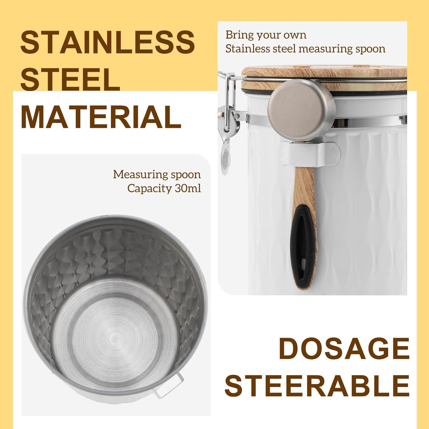 TEDSWAIT Coffee Container with Sealed Cantilever Lid and Scoop, Airtight Stainless Steel Kitchen Food Storage Canister with Date Tracker, 1.8L(White)