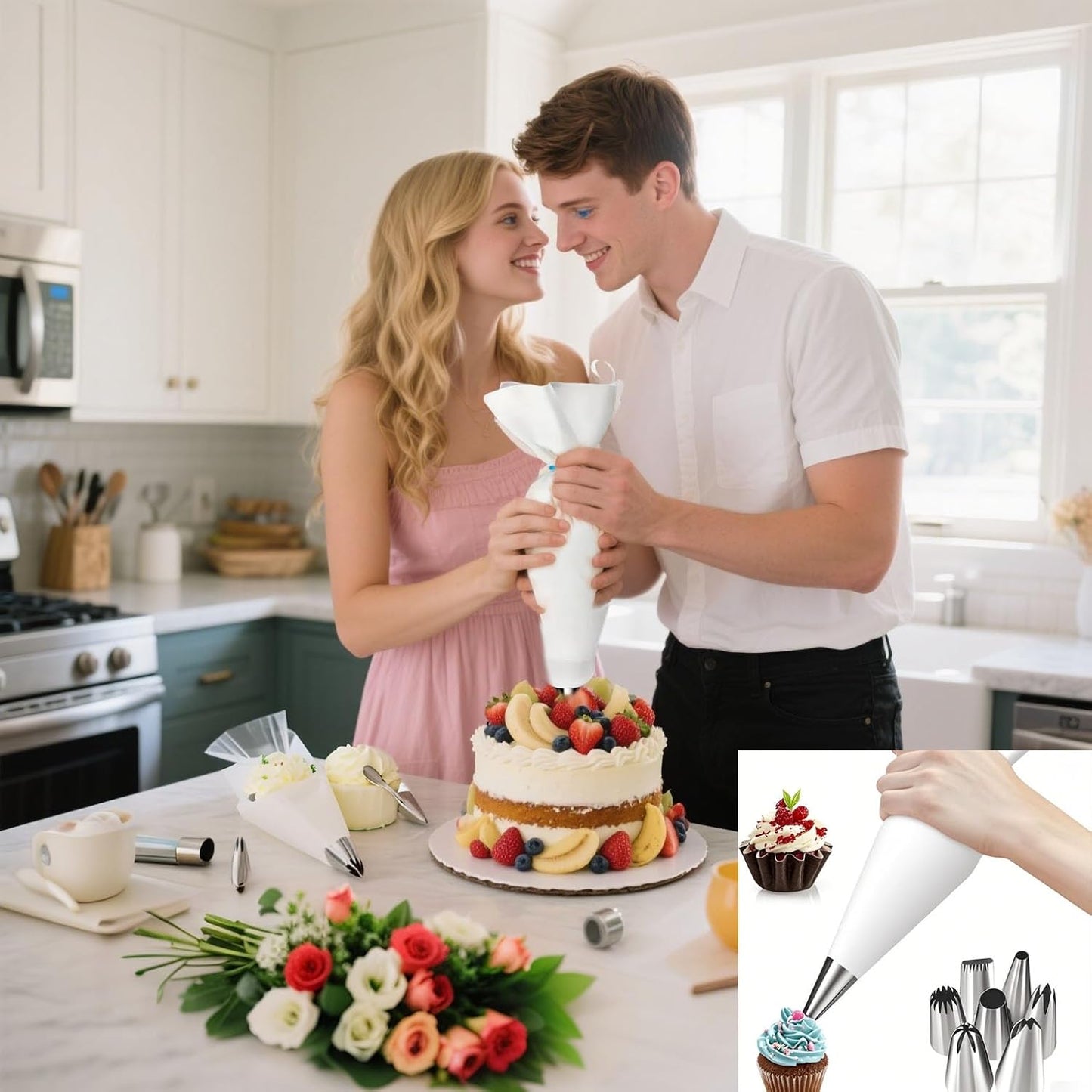 Reusable Piping Bags and Tips Set - 16inch Pastry Bags for Cake Decorating, Cupcakes, Cookies | Durable Cotton Exterior, Easy to Clean, Eco-Friendly Baking Kit for Home Bakers & Chefs