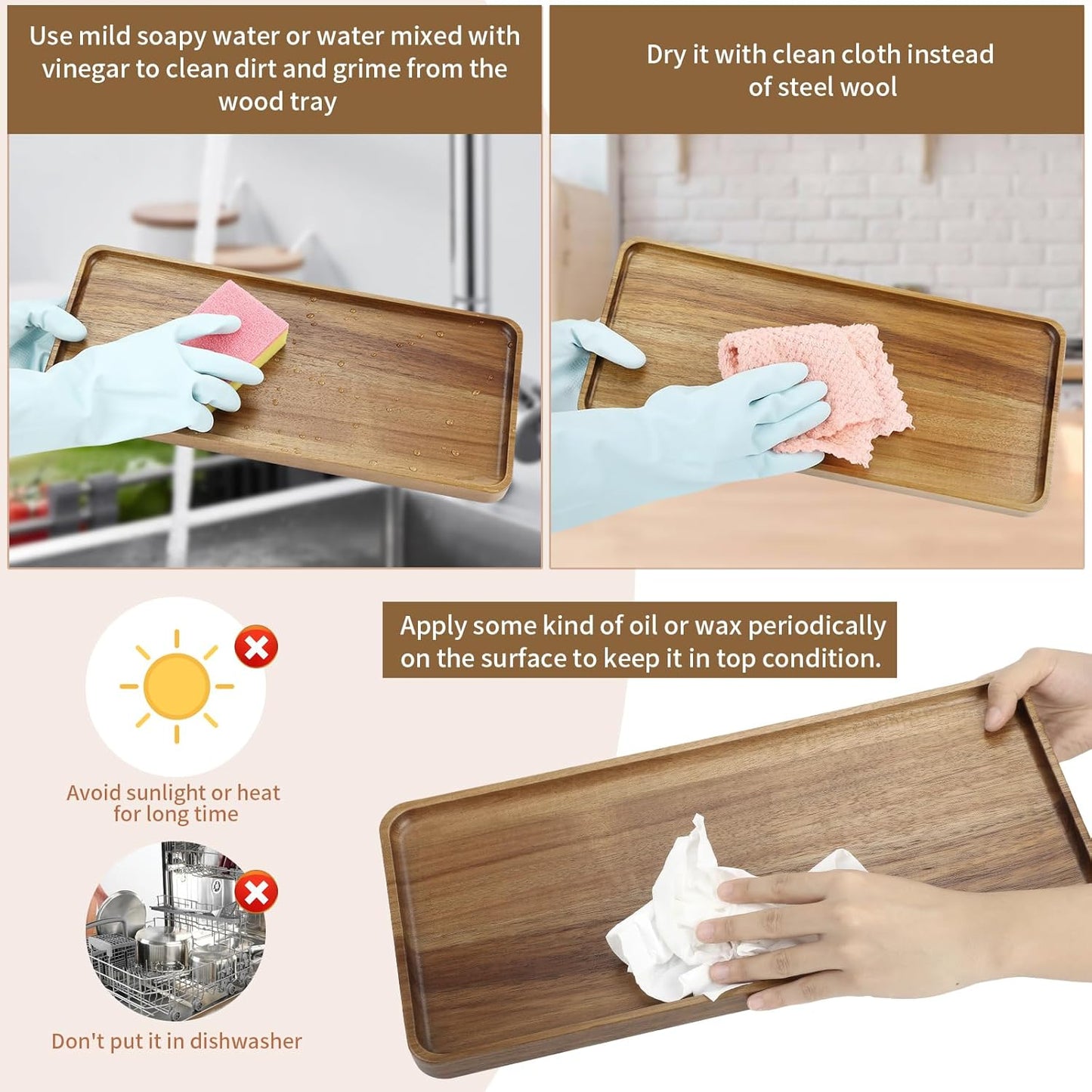 2 pcs 15.7" x 7" Large Solid Acacia Wood Serving Trays Rectangular Wooden Serving Platters Natural Wooden Boards for Bar Coffee Party