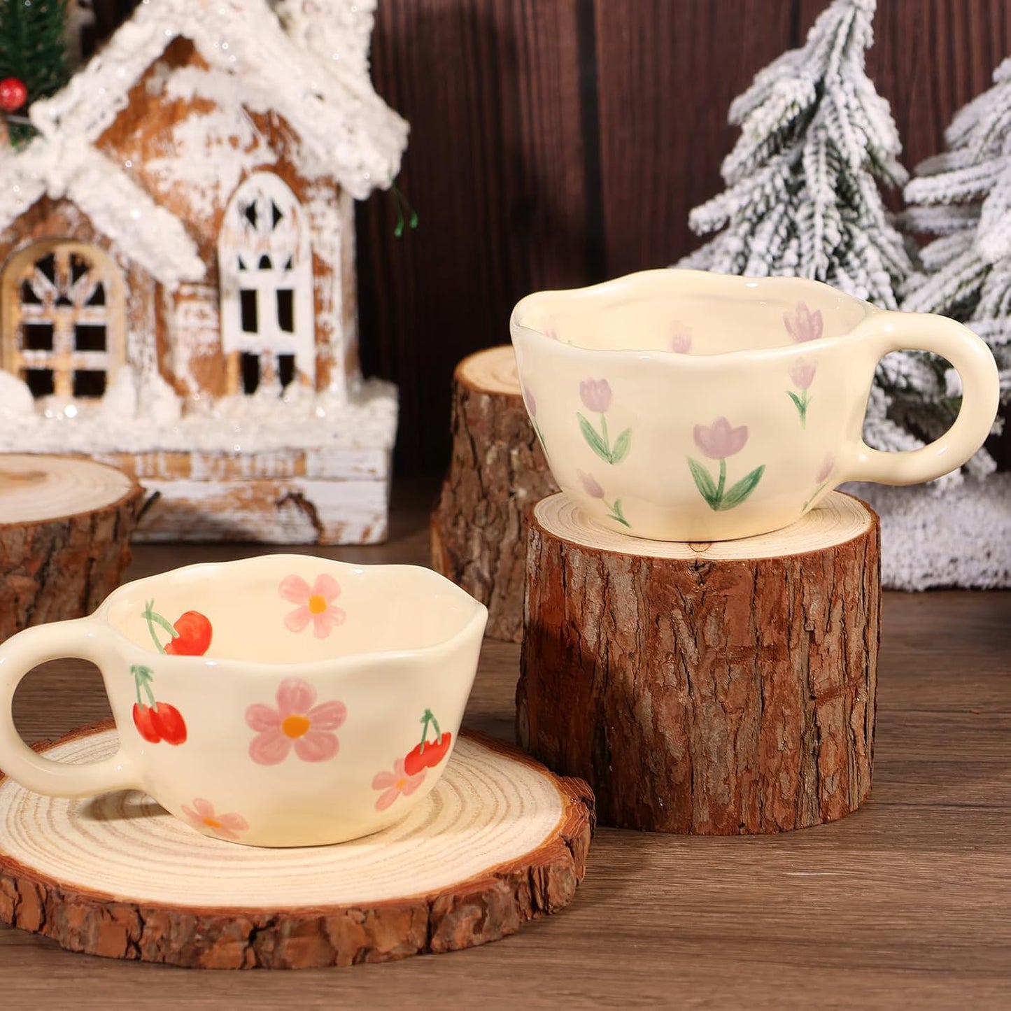 Ceramic Coffee Mug Vintage Flower Mugs 8 oz Cute Floral Coffee Mugs Irregular Latte Art Cup Lead-free Porcelain Cups for Cappuccino, Cocoa (Pink Cherry, Purple Tulips)