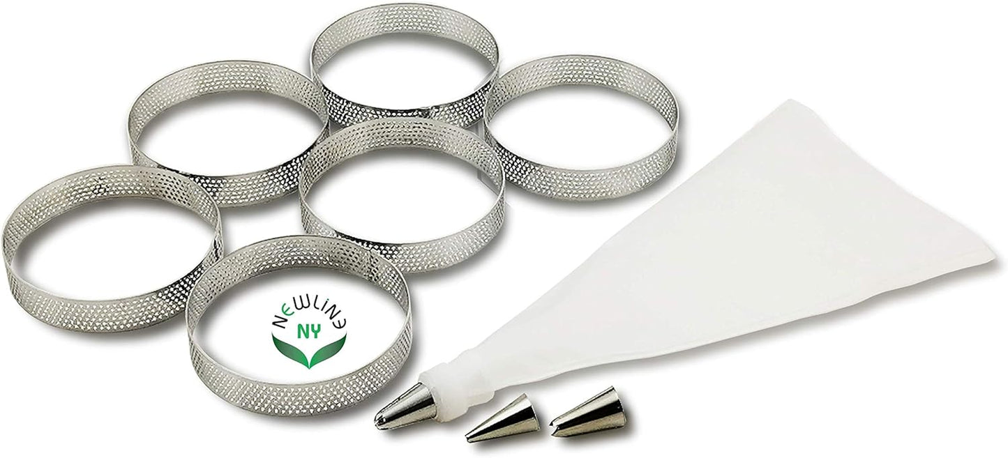 NewlineNY Stainless Steel French Pastry Tart Ring Baking Kit - 6 Perforated Round Dessert Rings + 3 Nozzles + 1 Sample Decorating Piping bag Kit