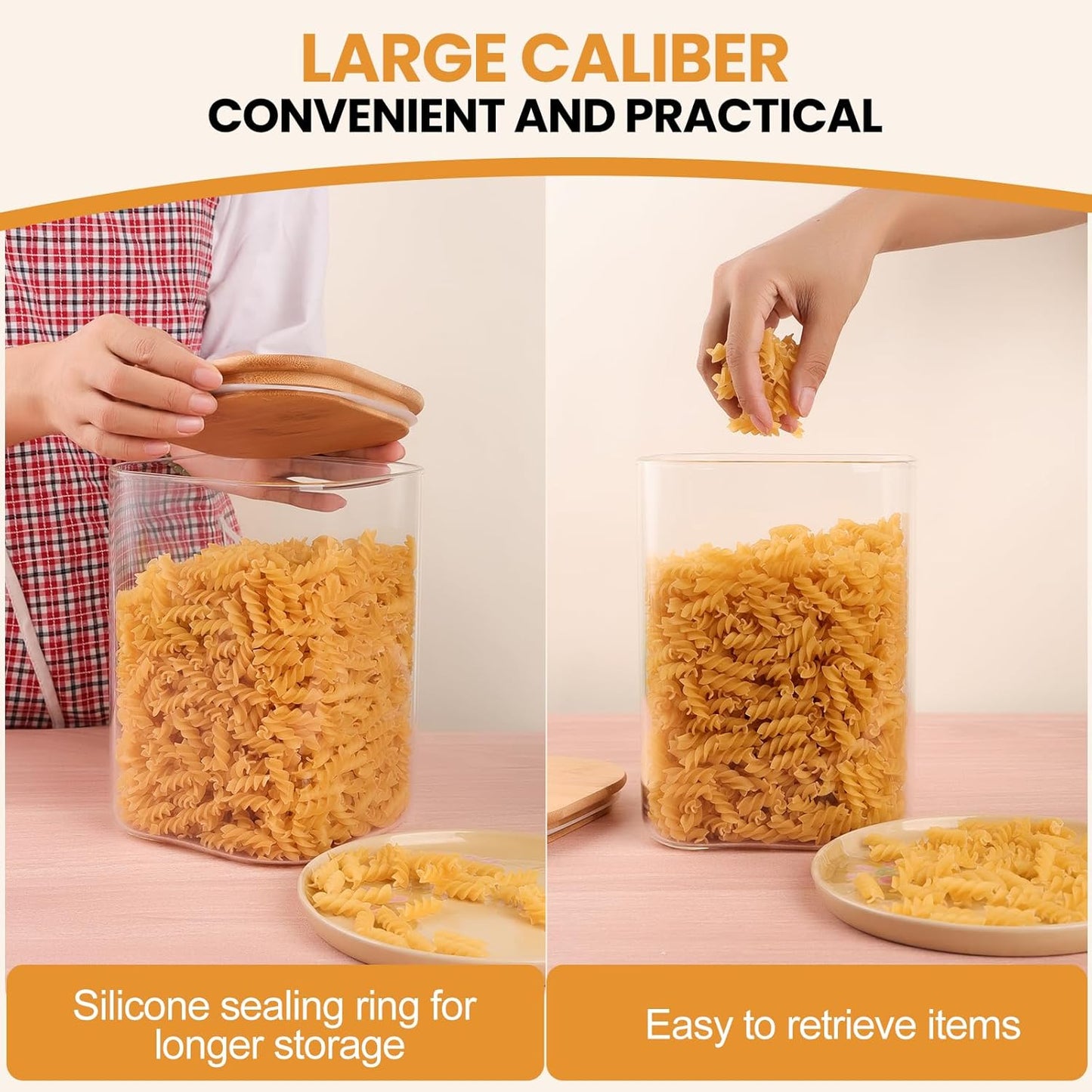 Glass Food Storage Jars 150 Set of 2,Glass Storage Containers Clear Glass Food Canister with Bamboo Lid Airtight For Serving Tea, Coffee, Flour, Sugar, Candy, Cookie, Spice and More (Square)