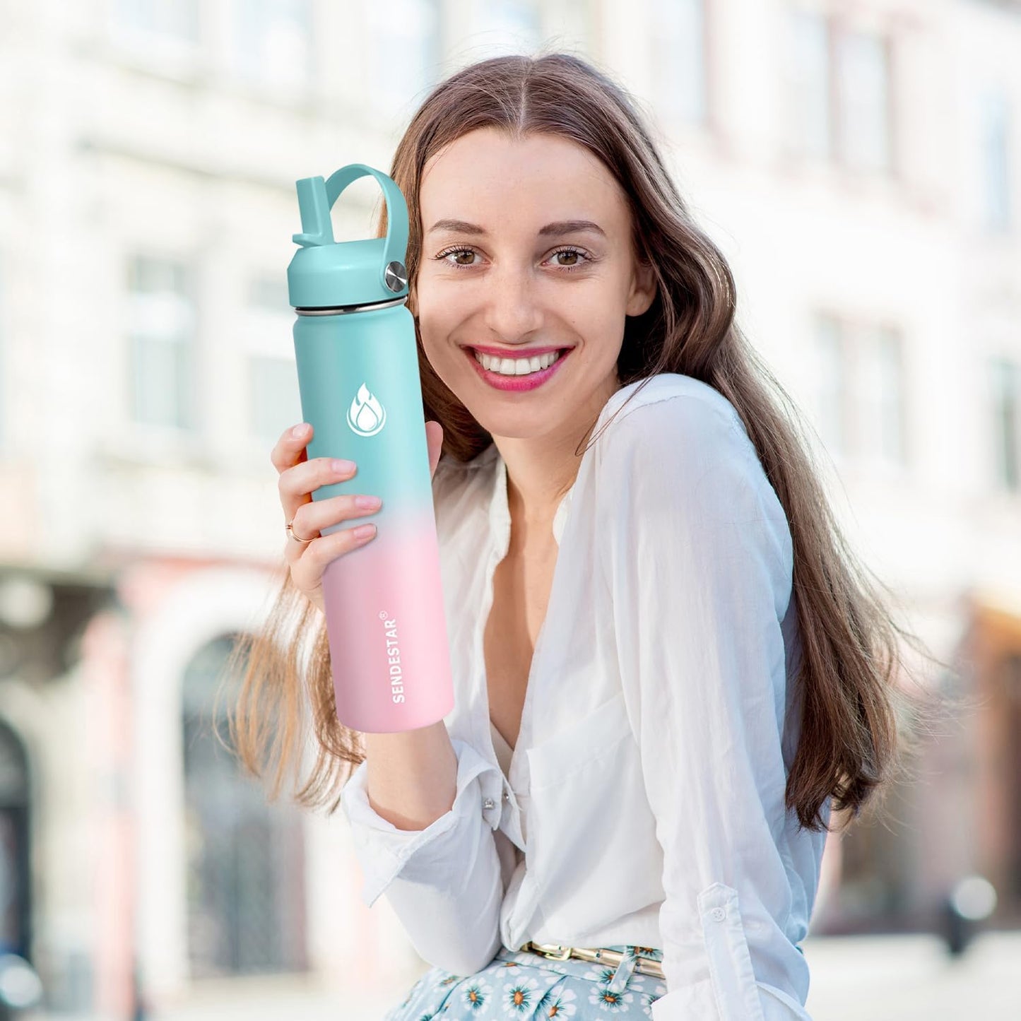 SENDESTAR Water Bottle 40oz Double Wall Vacuum Insulated Leak Proof Stainless Steel Sports Water Bottle—Wide Mouth with New Flex Straw Lid & Spout Lid (Bubble Gum)