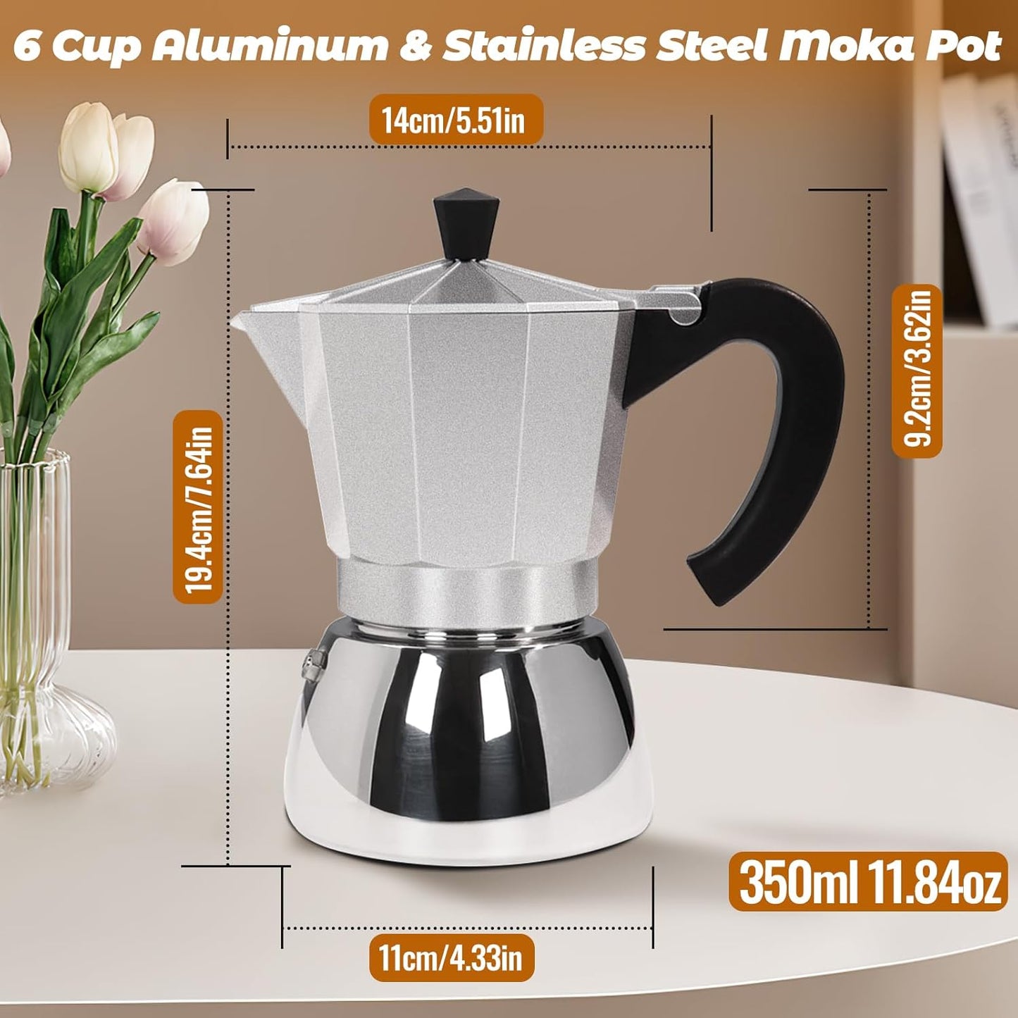 No Coating 6 Cup Aluminum and Stainless Steel Moka Pot Stovetop Espresso Maker Italian Coffee Machine 350ml 11.84oz Suitable for Gas Induction Stovetop Greca Coffee Maker Percolator Silver