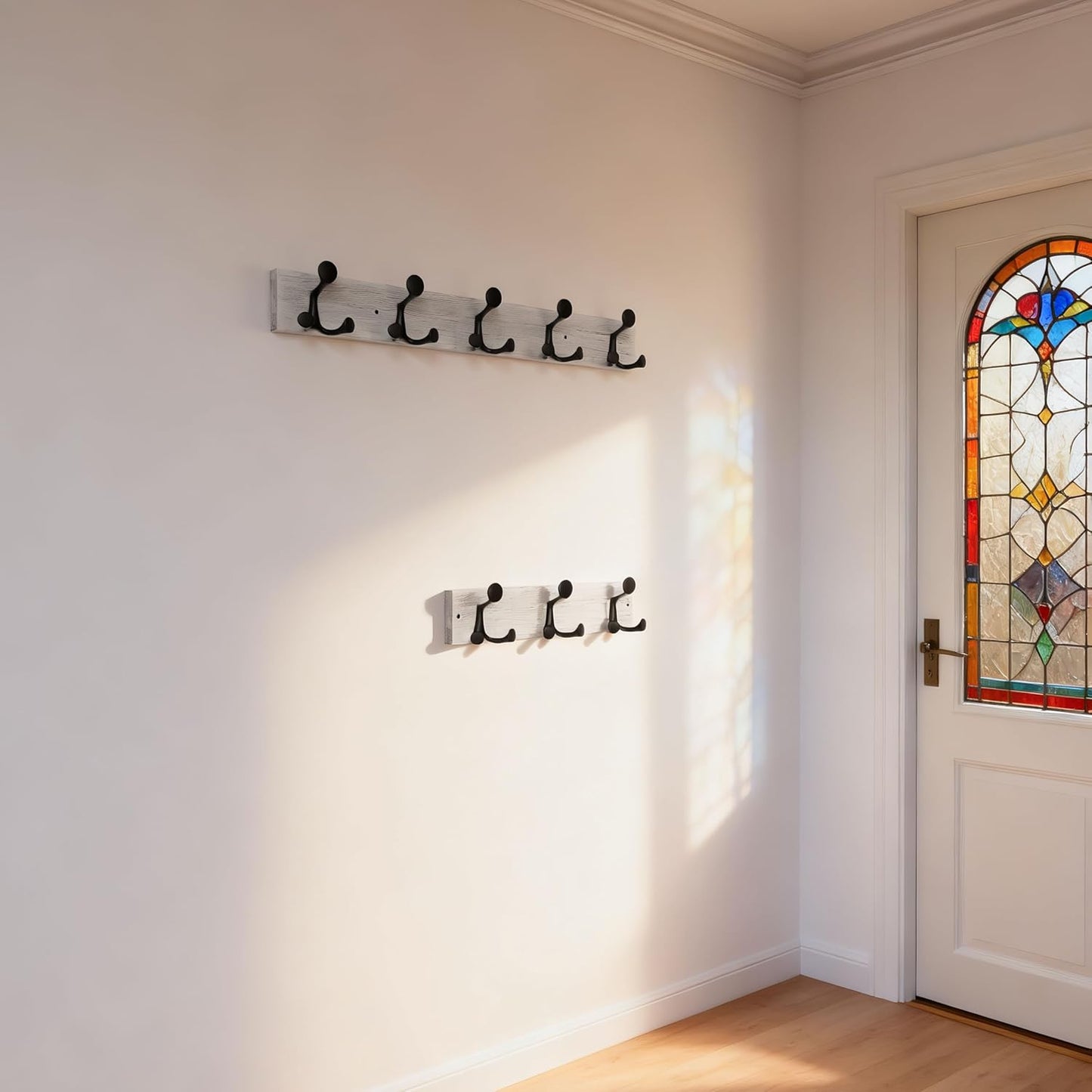 SKOLOO 30-Inch Wood Coat Rack Wall Mount with 5 Triple Hooks - Ideal for Family Entrances, Classrooms, and Pet Supplies Storage - Perfect Coat Hooks for Wall,Distressed White Wash