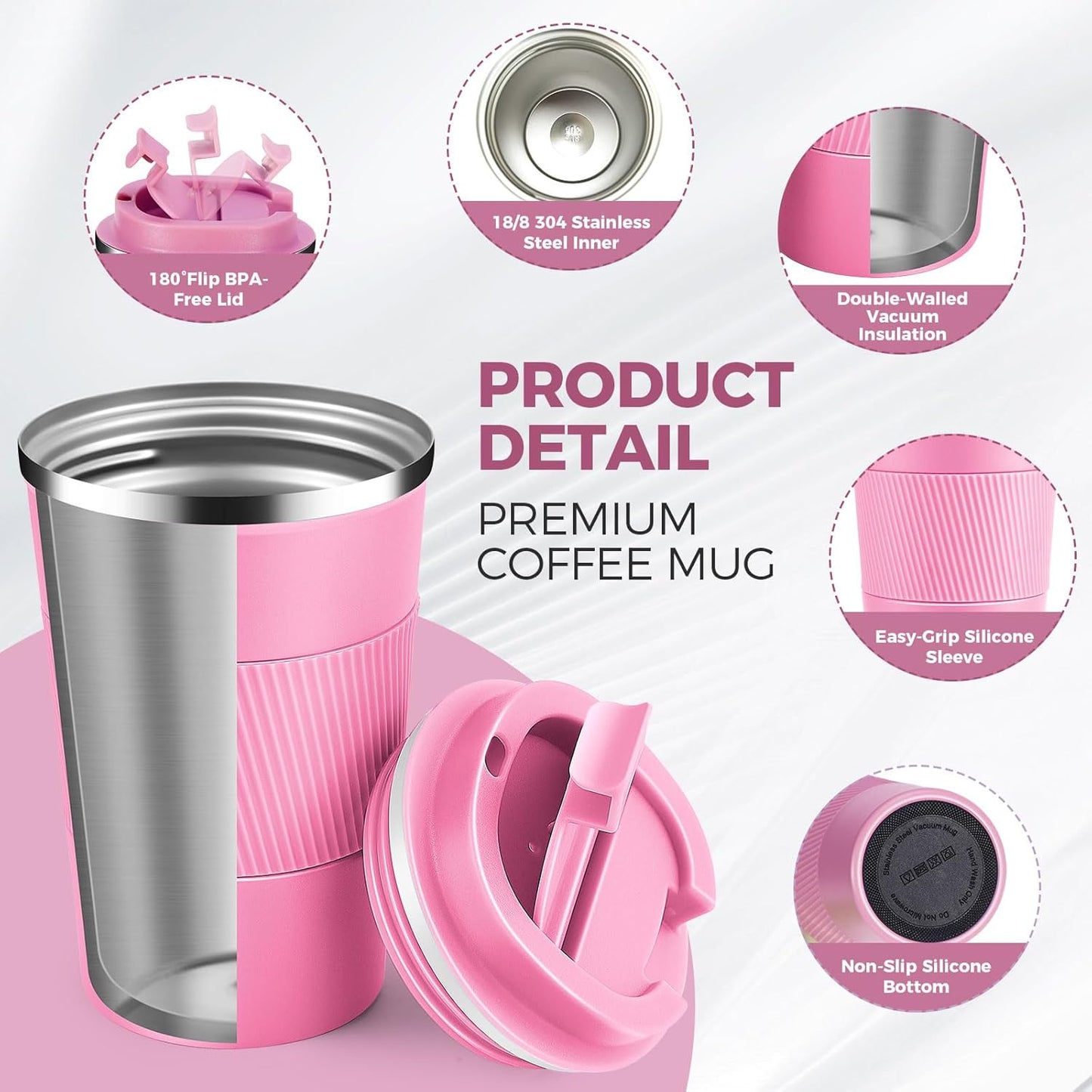 Volhoply 13 oz Stainless Steel Insulated Travel Coffee Mug with Fip Lid Bulk 4 Pack,Reusable Double Wall Vacuum Metal Coffee Cup,Portable Leak Proof Thermal Tumbler for Hot & Cold Drinks(Pink,4)