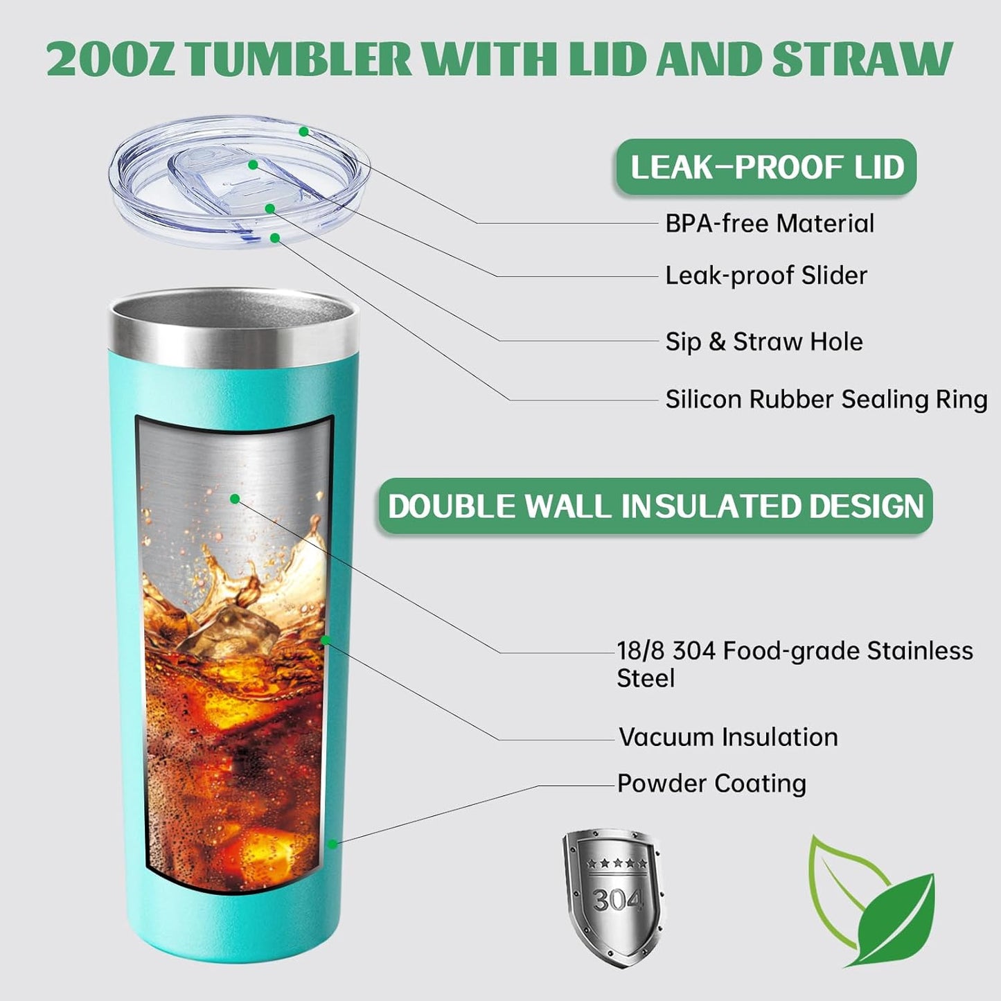 20 oz Skinny Tumbler with Lid and Straw,Stainless Steel Vacuum Insulated Tumbler Cup Double Wall Leak-proof Coffee Mug,Travel Thermal Water Tumbler for Home,Office,Outdoor(Teal,1)