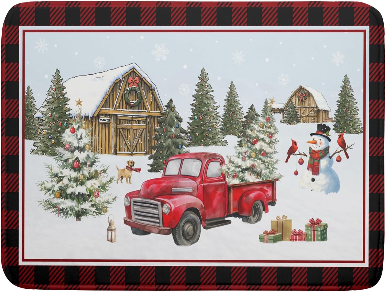Giwawa Christmas Truck Dish Drying Mat 18x24 inch Large Winter Snowman Xmas Trees Snow Farm Dish Drainer Mats Red Black Buffalo Plaids Absorbent Dish Drying Pad for Kitchen Countertop Decor