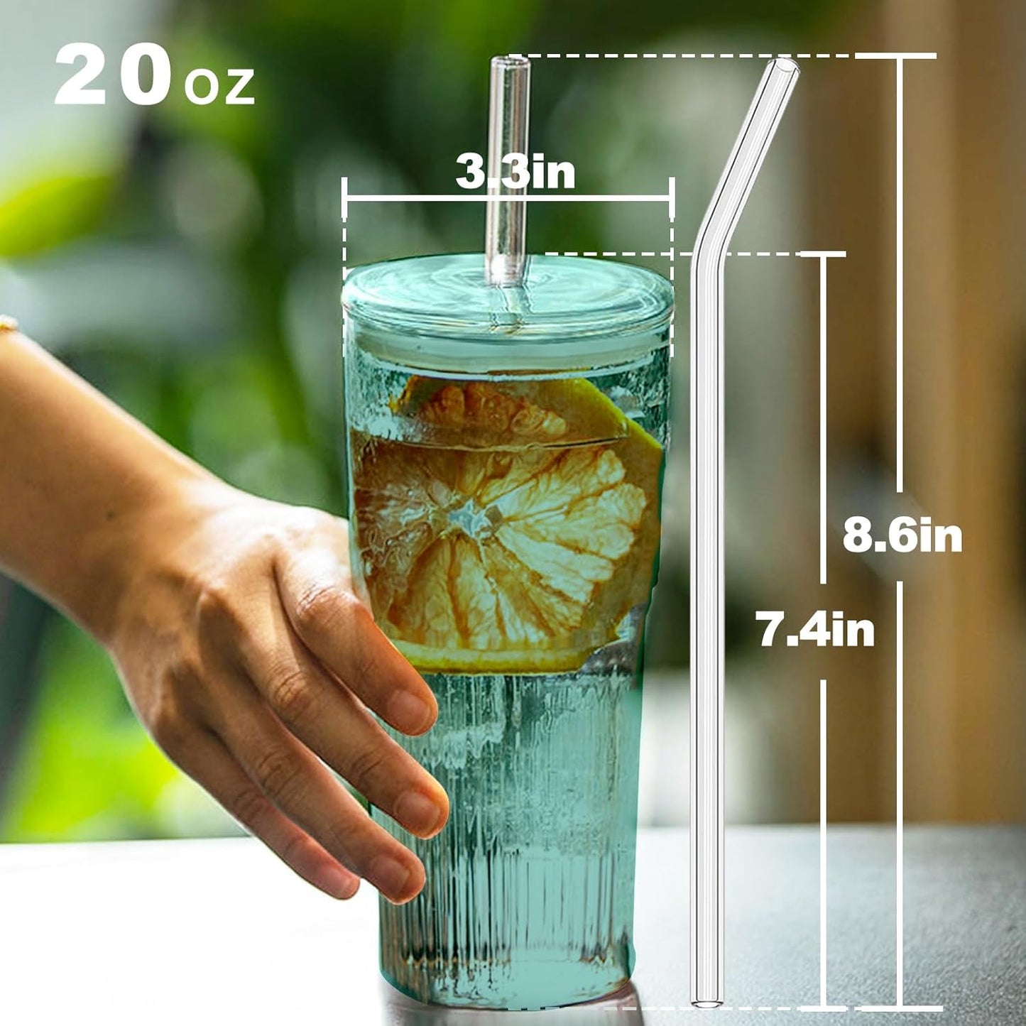 Glass Coffee Cups with Lids and Straws, 20 OZ Green Iced Water Glasses Tumblers for Ice Juice, Tea, Milk, Smoothie and Cold or Hot Drinks, Set of 2