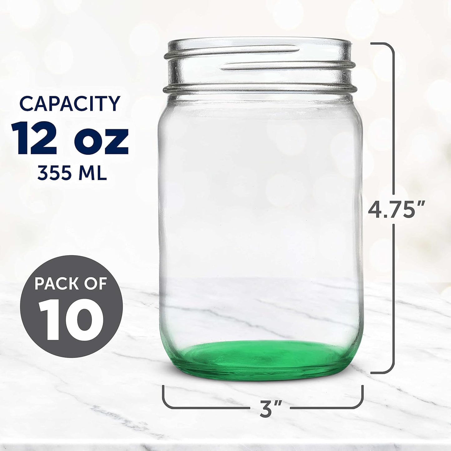 DISCOUNT PROMOS Decorating Mason Jars 12 oz. Set of 10, Bulk Pack - Glass Jars for Overnight Oats, Candies, Fruits, Pickles, Spices, Beverages - Green