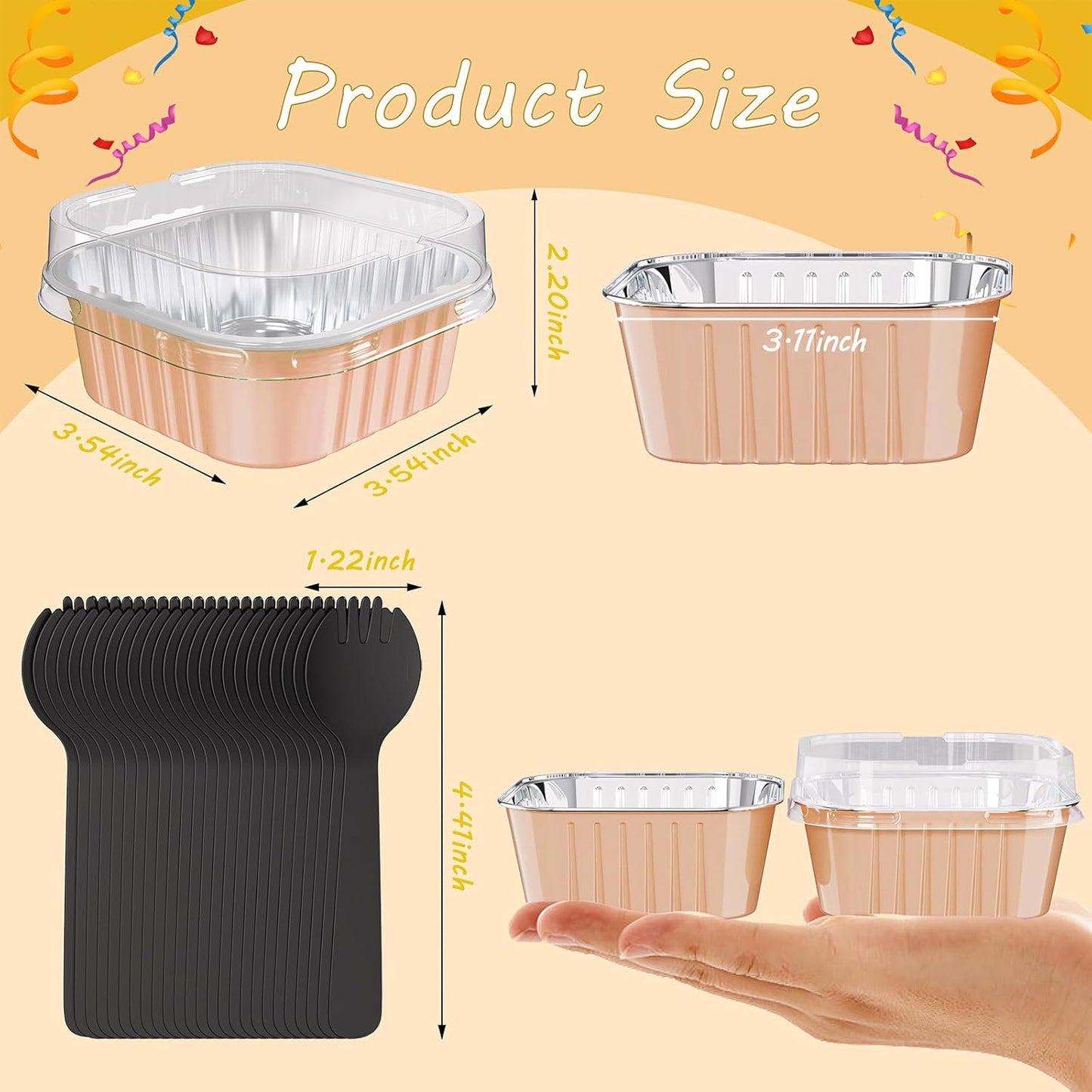 25 Pack Square Mini Cake Pans with Lids,Mini Loaf Pans with Lids,Aluminum Foil Baking Cups,Disposable Ramekins Cupcake Cups,Dessert Cups for Wedding Birthday Party,5oz (Champagne)