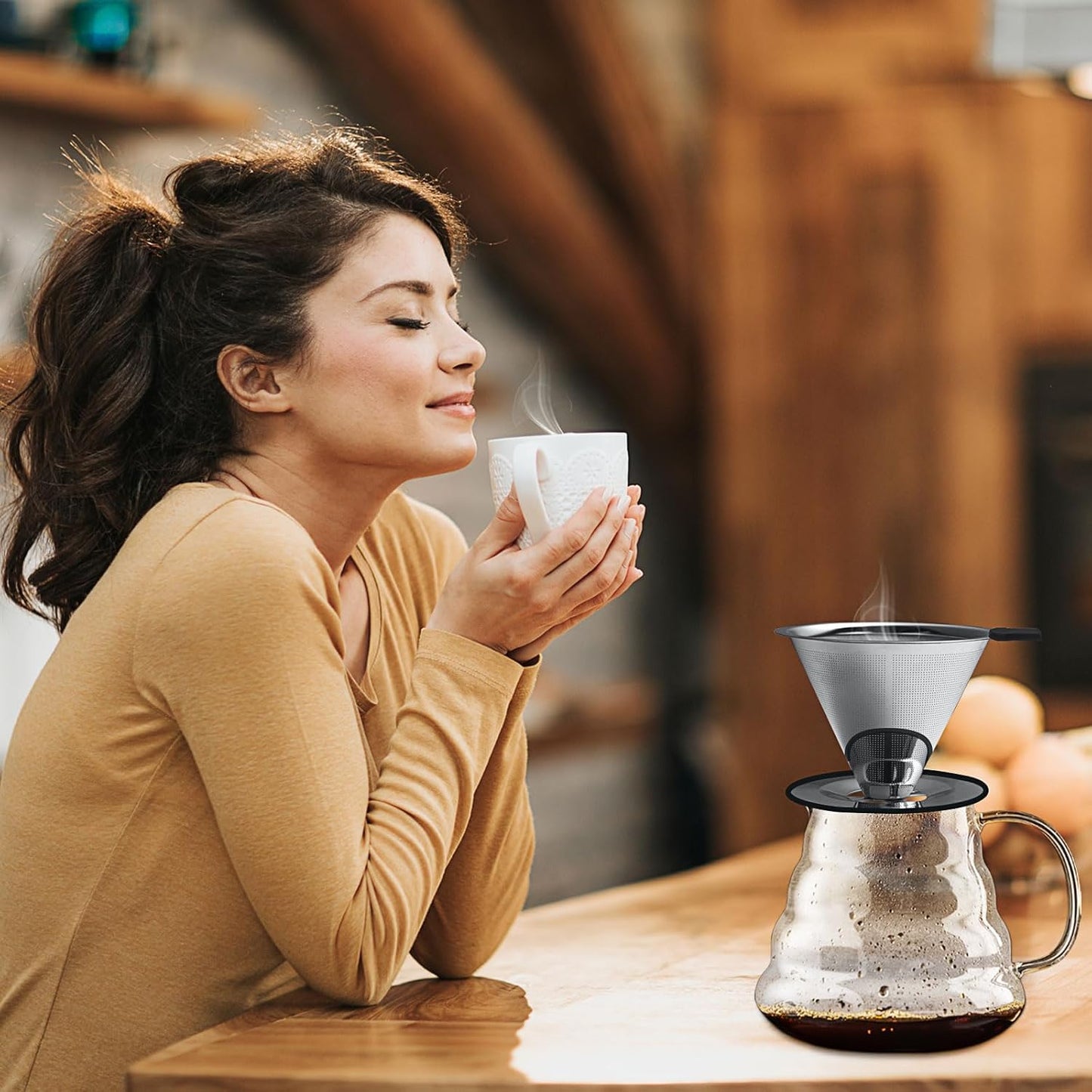 Pour Over Coffee Dripper-Stainless Steel Coffee Filter,Reusable Drip Cone Coffee Filter Portable Pour for 1-4 Cup (With Silicone Ring, L)