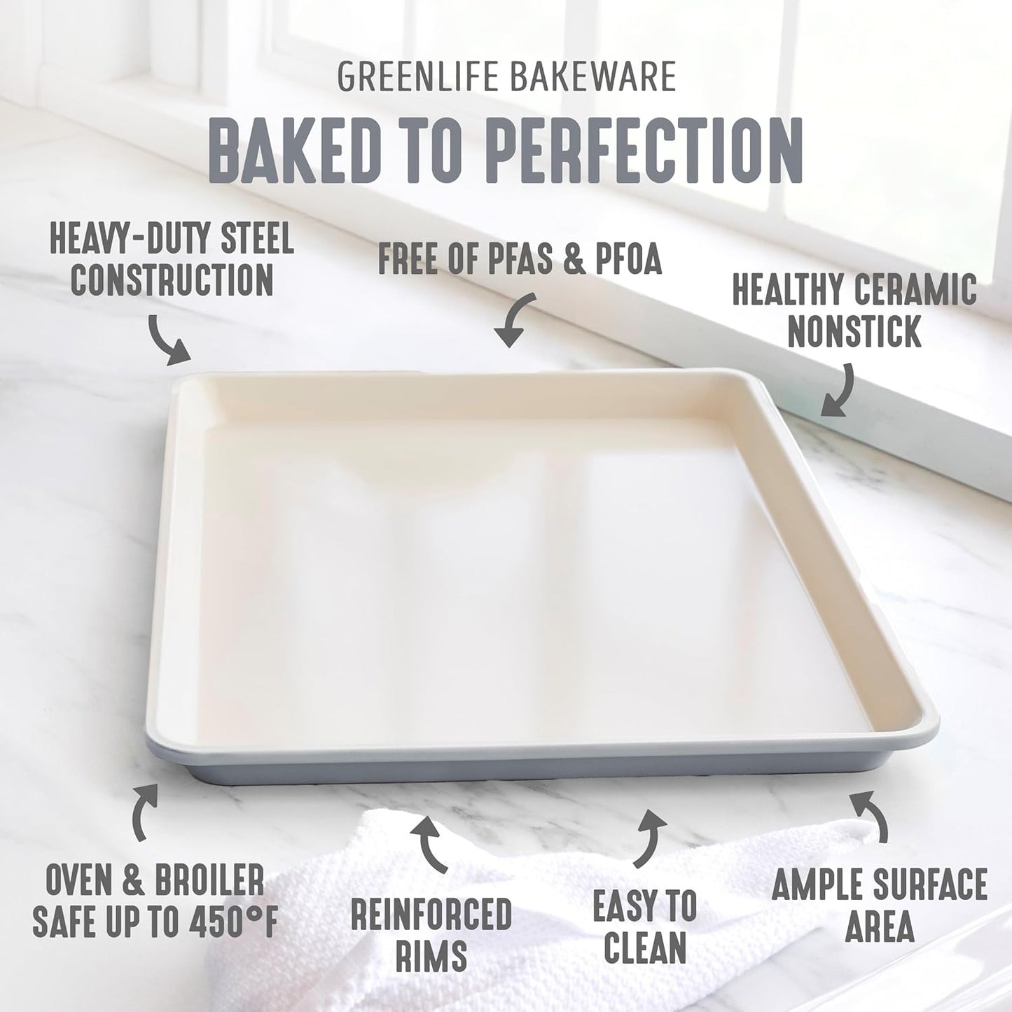 GreenLife Bakeware 18” x 13” Half Cookie Sheet Baking Pan, Non-Toxic PFAS-Free Healthy Ceramic Nonstick, Oven Safe to 450°F, Easy Release, Even Heating, Easy Clean, Gray