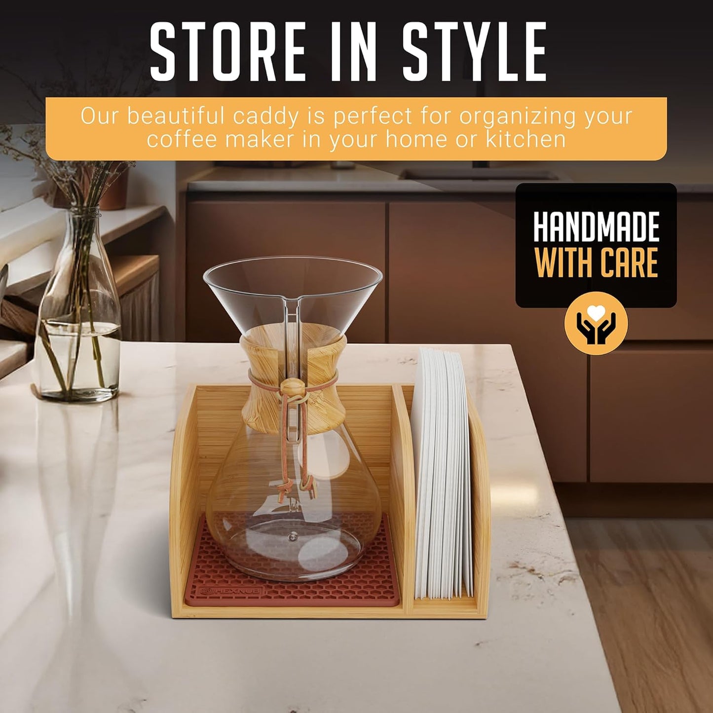 HEXNUB Bamboo Caddy for Pour Over Coffee Maker, Fits Chemex, Bodum, Cosori, Heatproof Mat, Filter Holder