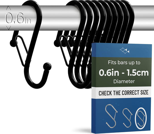 10-Pack Metal S Hooks for Hanging – Heavy-Duty S-Shaped Hook with Safety Buckle – Fits Bars up to 0.6 in – Anti-Drop Hooks for Kitchen, Pot Racks & Towel Bars – Black (Small)