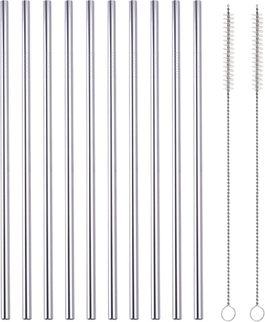 10 Pcs Stainless Steel Straws, Reusable Drinking Straws, Straight Metal Straw Sets with 2 Pcs Cleaning Brushes (10.5 Inch, Silver)