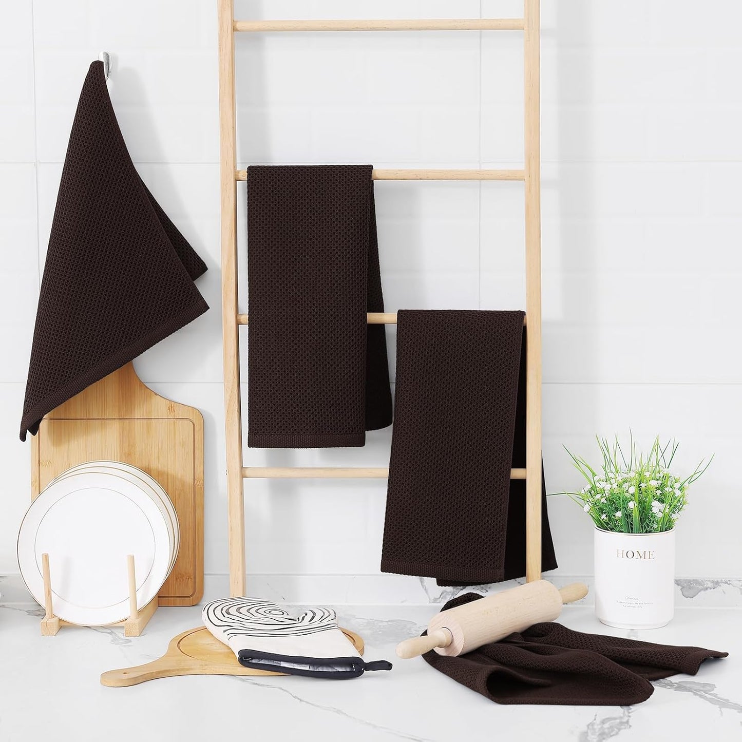 Homaxy 100% Cotton Waffle Weave Kitchen Dish Towels, Ultra Soft Absorbent Quick Drying Cleaning Towel, 13 x 28 Inches, 12-Pack, Dark Brown