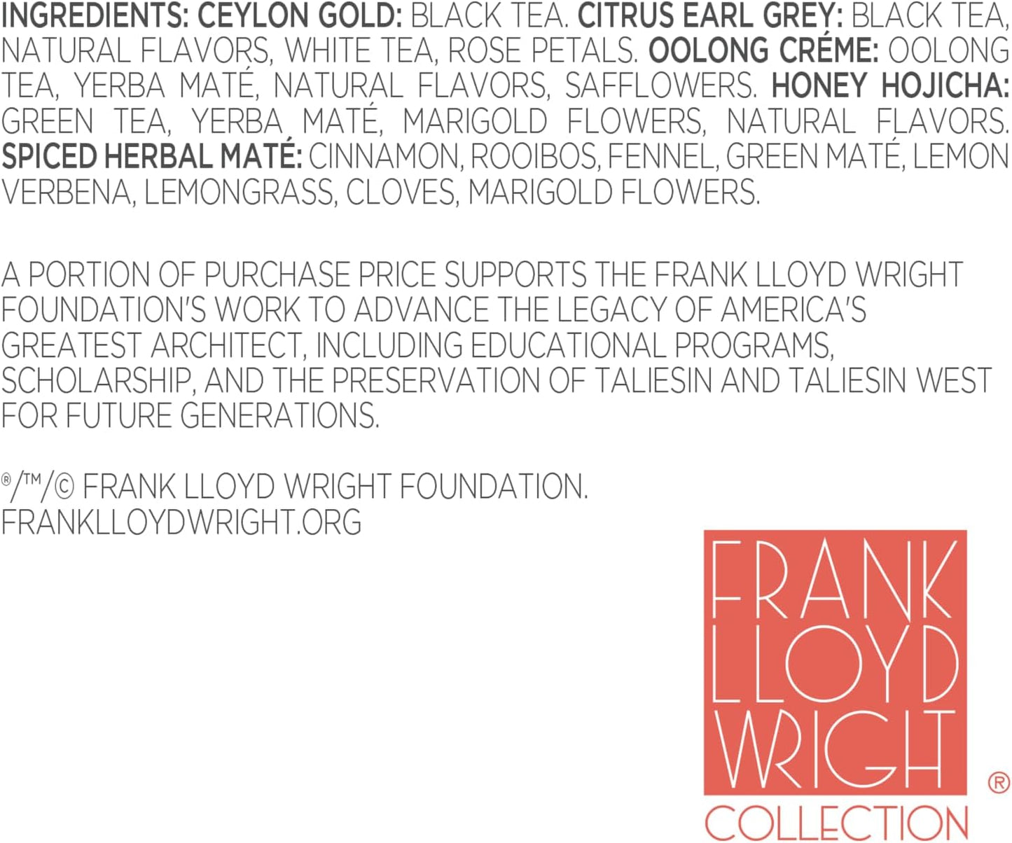 Tea Forte Frank Lloyd Wright Presentation Box Tea Gift Set Sampler, 20 Count 2 of Each Variety Individually Wrapped Handcrafted Pyramid Infuser Bags