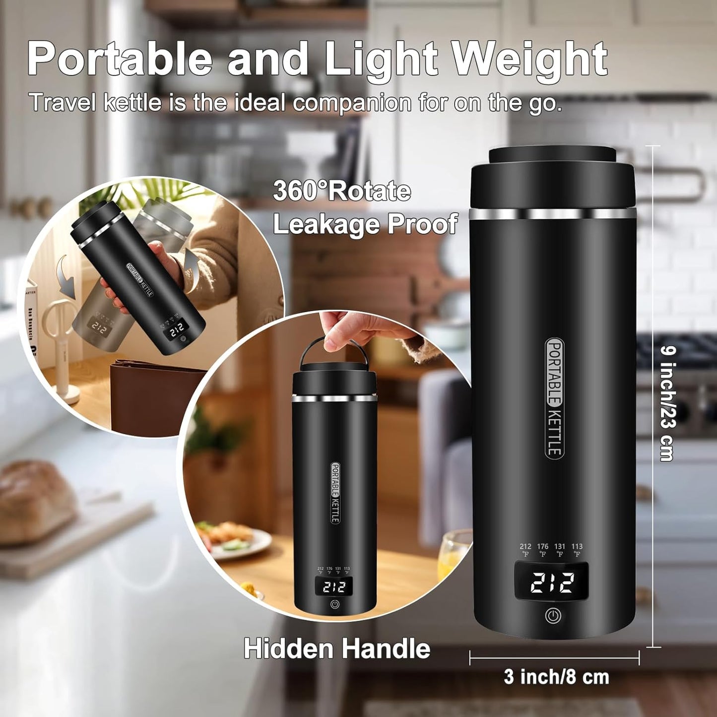 Travel Mini Kettle Portable Small Electric Kettle with Plug-in Boiling & Keeps Warm via USB, Portable Water Boiler with 4 Temperature Settings, 304 Stainless Steel with Auto Shut-off 16oz(Black)