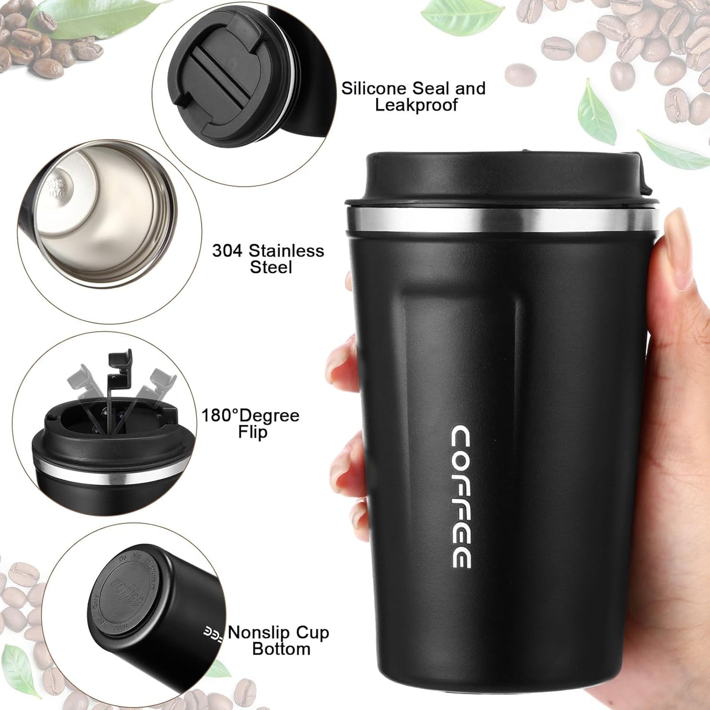 6 Pack Travel Coffee Mugs 12oz Double Wall Insulated Coffee Cups Bulk with Lid Vacuum Stainless Steel Leak Proof Reusable Portable Tumblers for Cold and Hot Drinks(Black, Blue, Green)