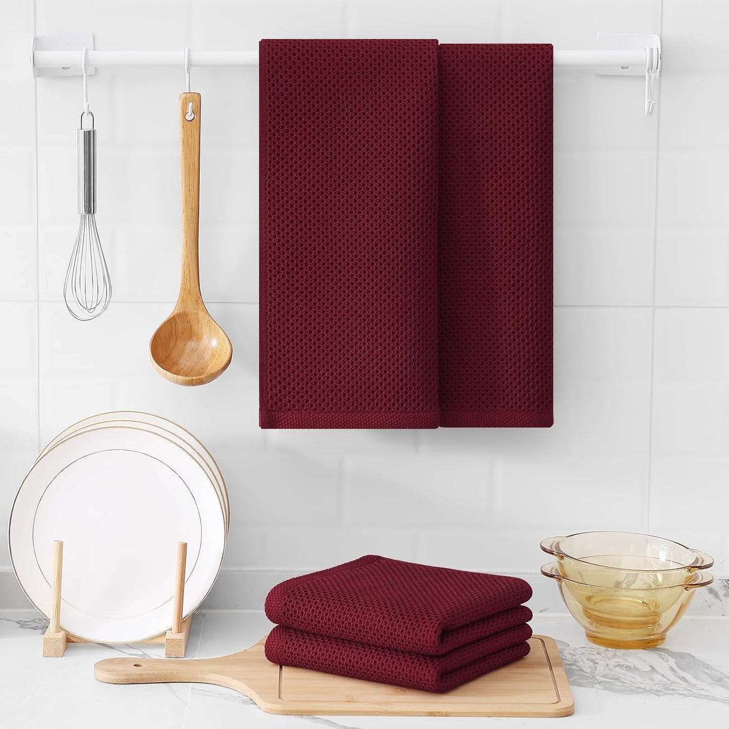 Kitinjoy 100% Cotton Waffle Weave Kitchen Towels, 12-Pack Super Soft and Absorbent Dish Towels for Drying Dishes, Kitchen Hand Towels, 13 in x 28 in, Burgundy