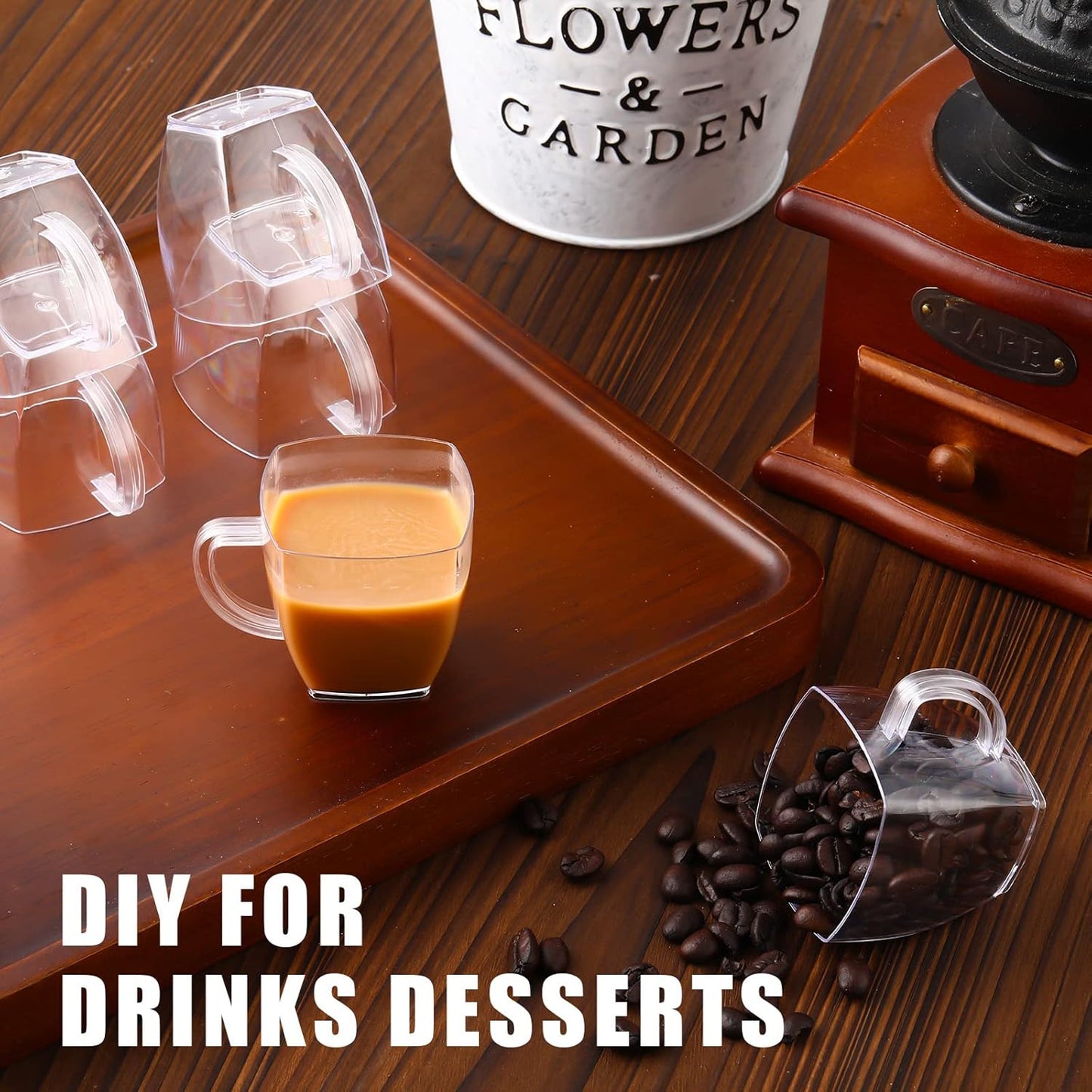 Amyhill 50 Pcs Disposable Tea Cups Mini Plastic Tea Cup Bulk with Handle Hard Plastic Coffee Mug Disposable Square Espresso Mug for Party Catering (Transparent)