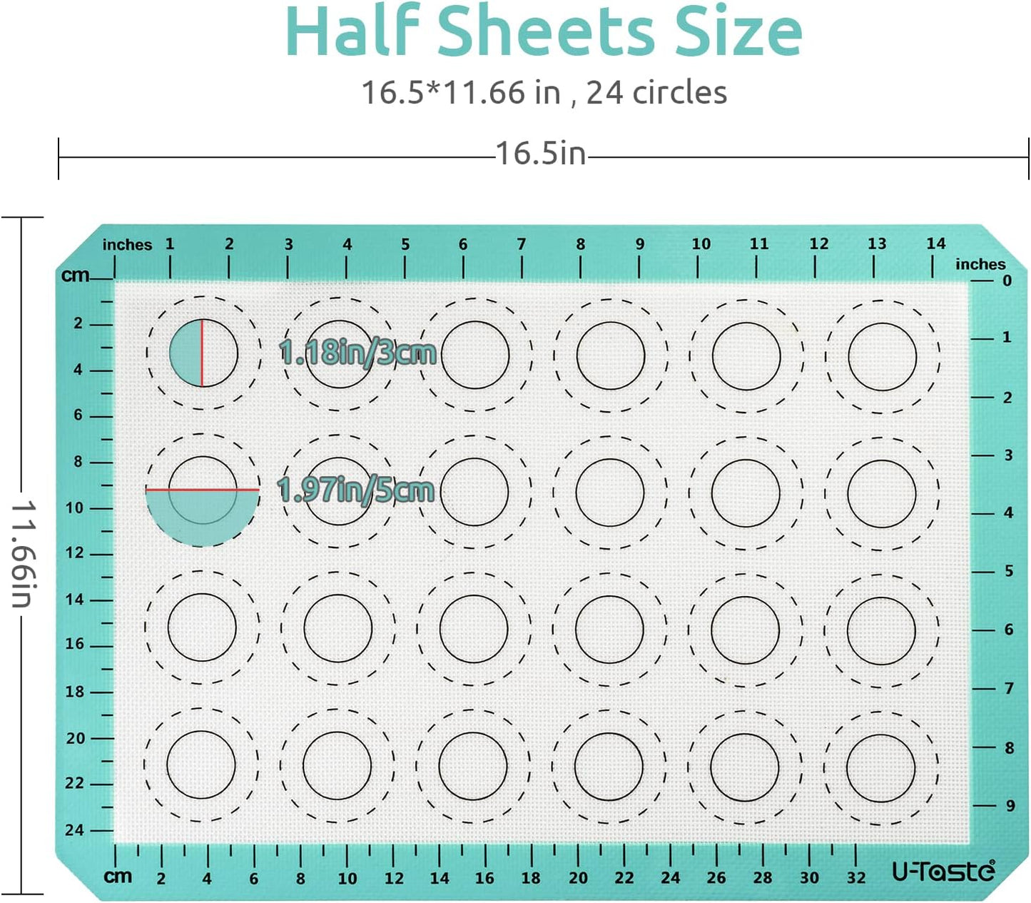 U-Taste 446ºF Heat Resistant Macaron Silicone Baking Mat, Non Stick Reusable Cookies Pastry Sheet Liner with Edge Enhancement Circle Measurement (Half Sheets Size, Pack of 2, Aqua Sky)