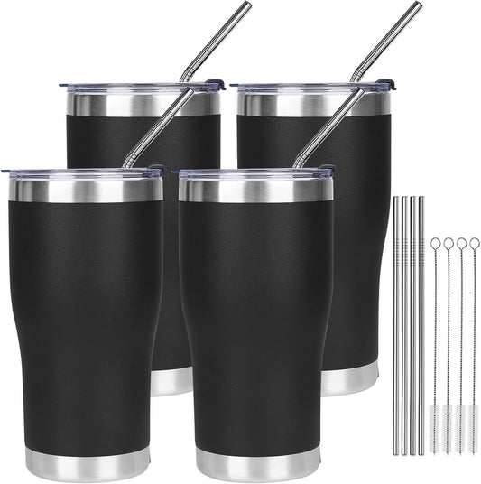 MEZMUT 4 Pack 20oz Insulated Coffee Tumbler with Lid and Straw Double Wall Vacuum Insulated Cup Stainless Steel Travel Mugs Leakproof Powder Coated Tumbler for Indoor Outdoor(Black)