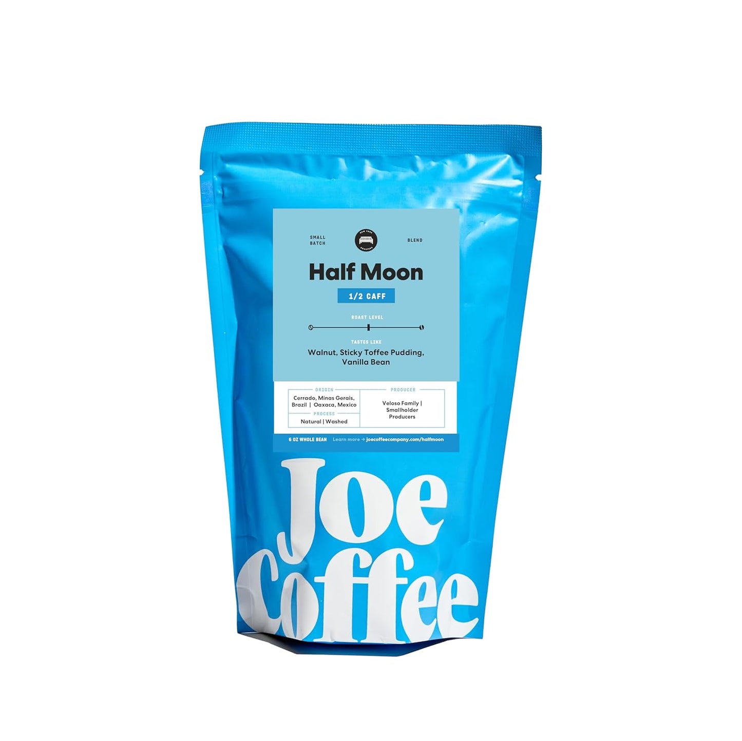 Joe Coffee Company - Half Moon Half Caffeinated Whole Bean Specialty Coffee, 6 oz Bag | NYC Roaster, Rainforest Alliance Certified, Kosher, Climate-Friendly