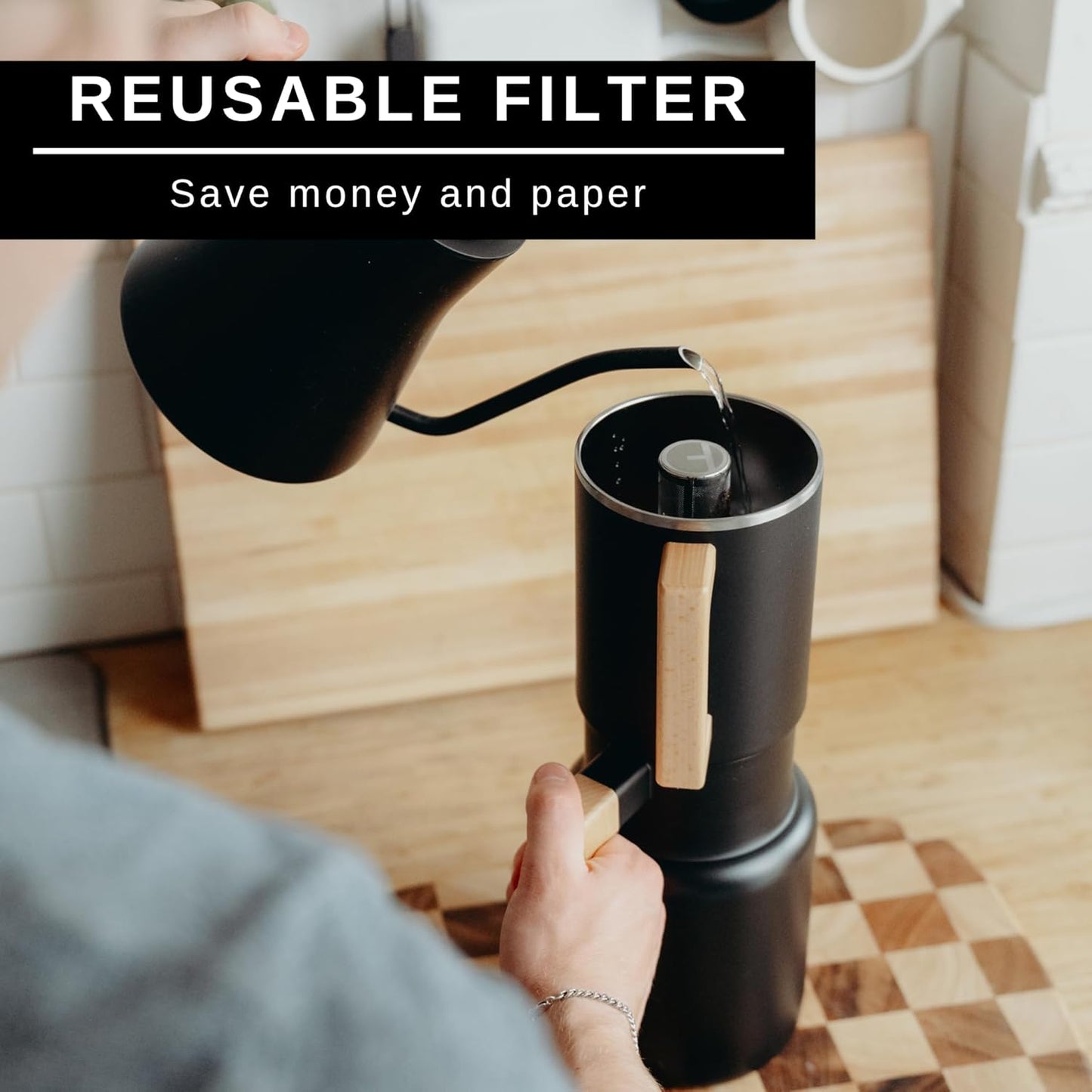 HASTINGS Pour Over Coffee Dripper - Stainless Steel Pour Over Coffee Filter, Metal Paperless Reusable Double Mesh Cone Filter with Wood Handle - Coffee Maker for Single Cup Brew up to 68 OZ (Black)