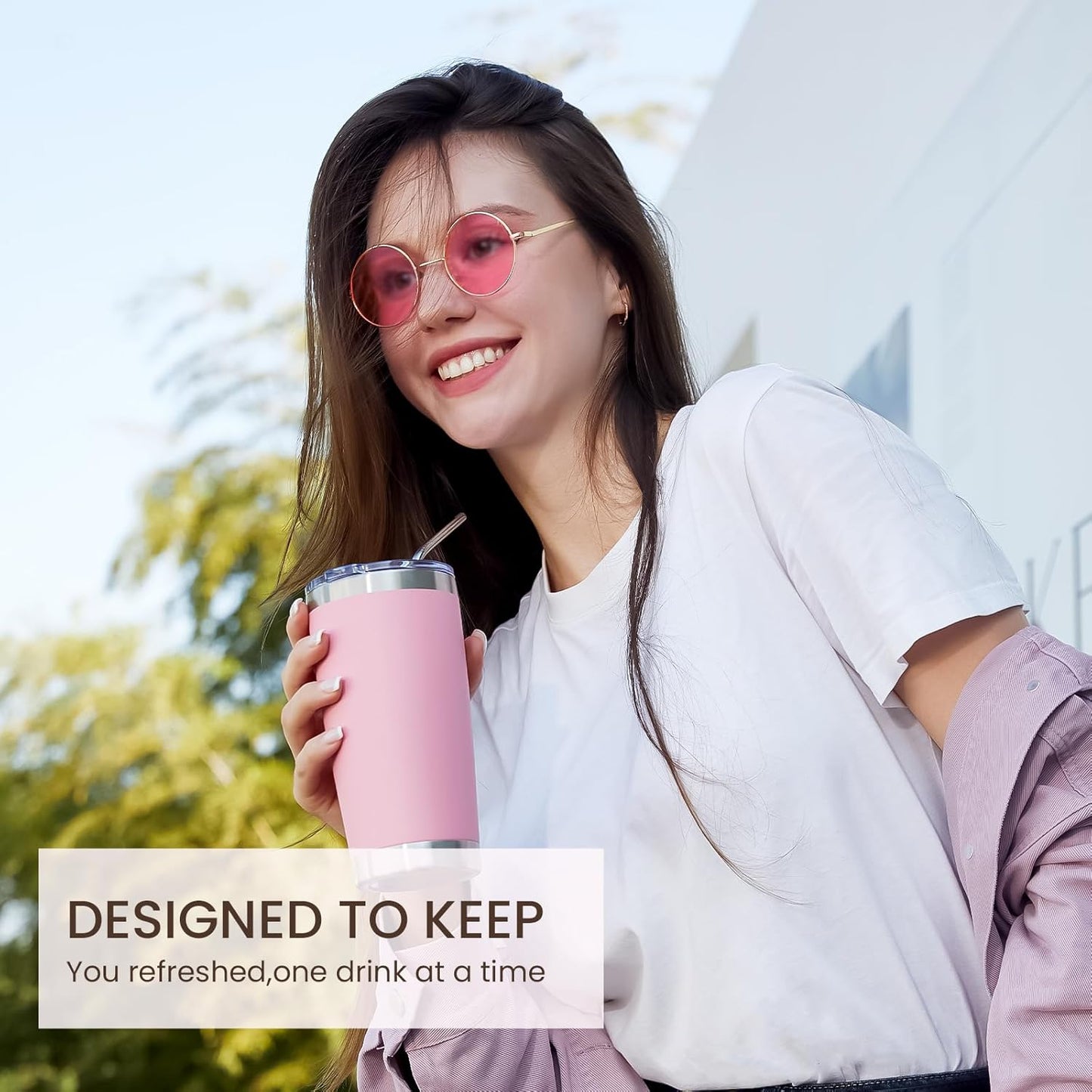 MEWAY 20oz Tumbler 8 Pack Double Wall Vacuum Insulated Travel Mug Bulk, Stainless Steel Tumblers with Lid and Straw, Durable Powder Coated Coffee Cups for Cold & Hot Drinks (Pink, 8)