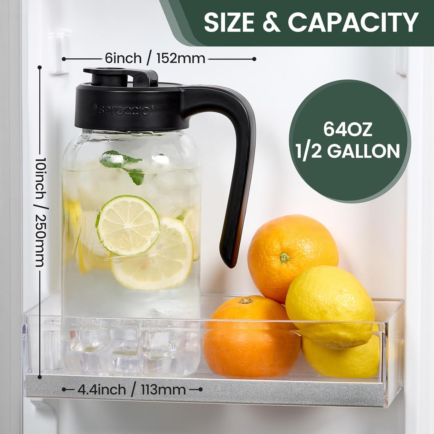 Mason Jar Pitcher - Airtight & Leakproof Glass Pitcher with Lid, Perfect for Breastmilk, Cold Brew, and Sun Tea, 2 Quart (64 oz) 1/2 Gallon Mason Jar with Pour Spout Lid