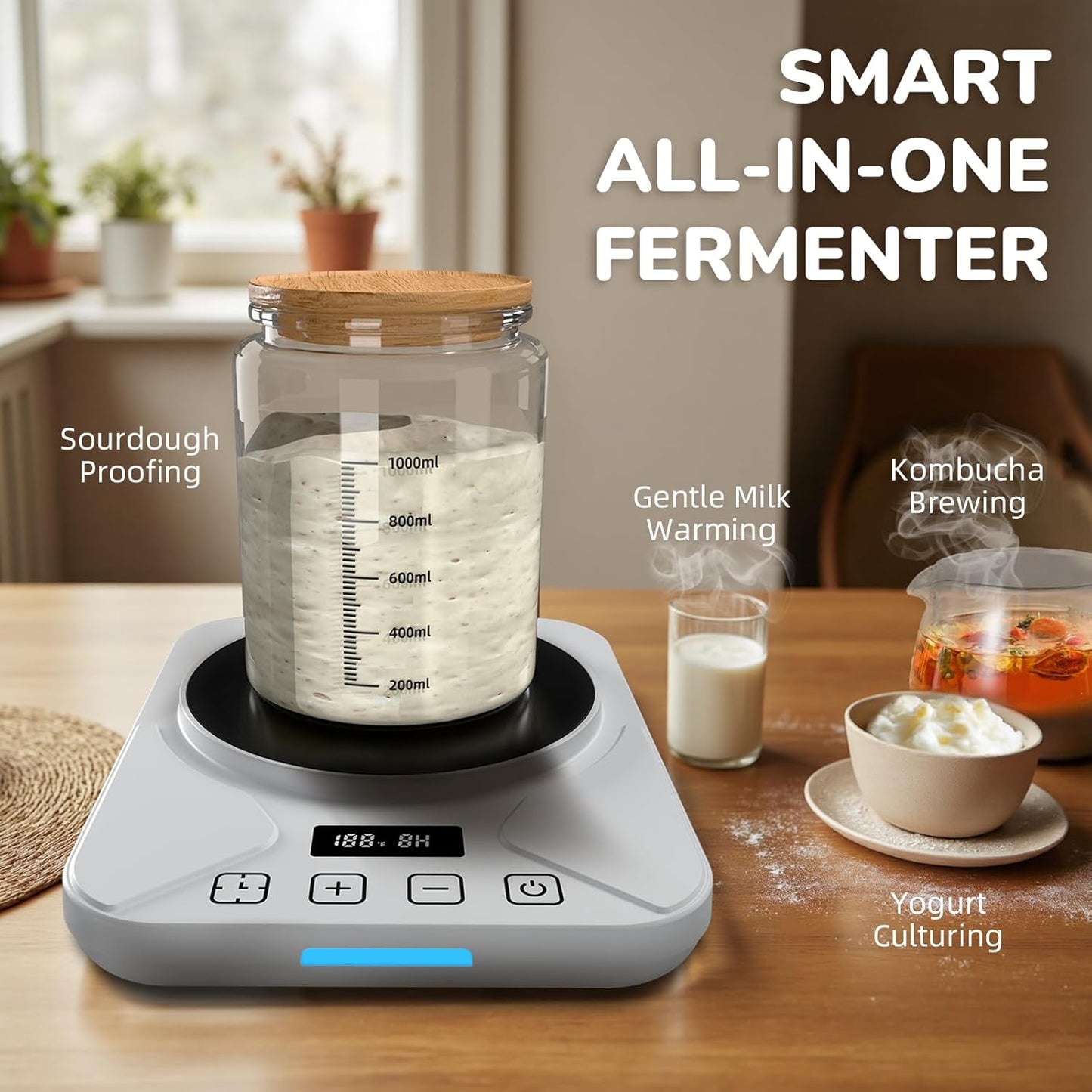 Sourdough Starter Warmer Mat - 24H Timer - Precise 1°F Thermostat Control (70-100°F) - Smart Memory Warming On/Off - Fits Jars Up to 40oz - Perfect for Home Baking (White)