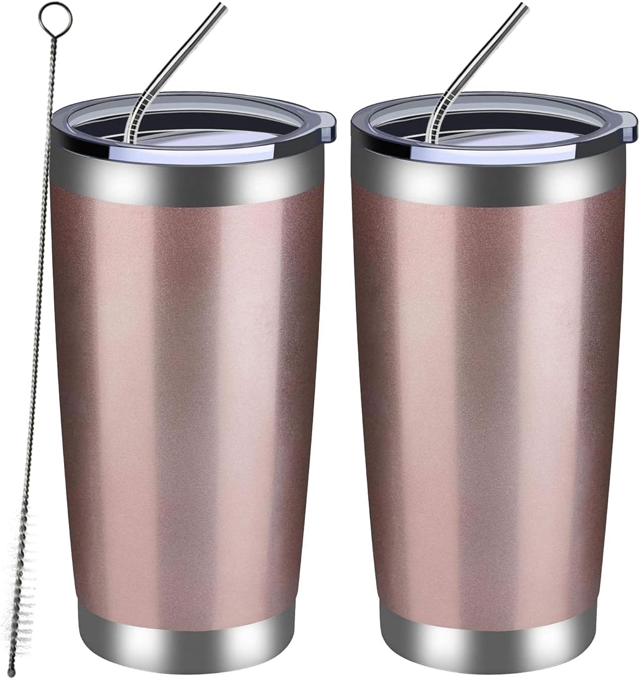 MEWAY 20oz Tumbler 2 Pack Double Wall Vacuum Insulated Travel Mug Bulk, Stainless Steel Tumblers with Lid and Straw, Durable Powder Coated Coffee Cups for Cold & Hot Drinks (Rose Gold, 2)