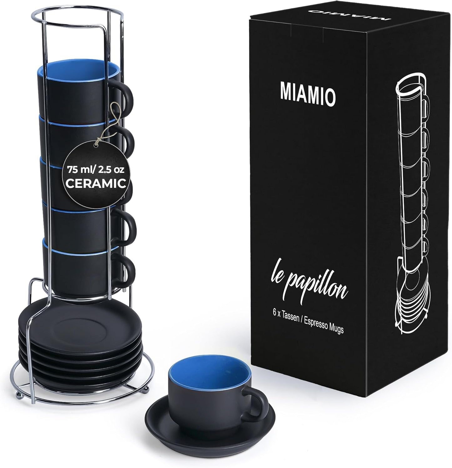 MIAMIO - 2.5 oz Espresso Cup Set with Saucers Coffee Mug Set of 6 - Ceramic Coffee Mug Stackable Espresso Mug with Stand for Coffee Drinks, Latte, Cafe Mocha - Le Papillon Collection (Blue)